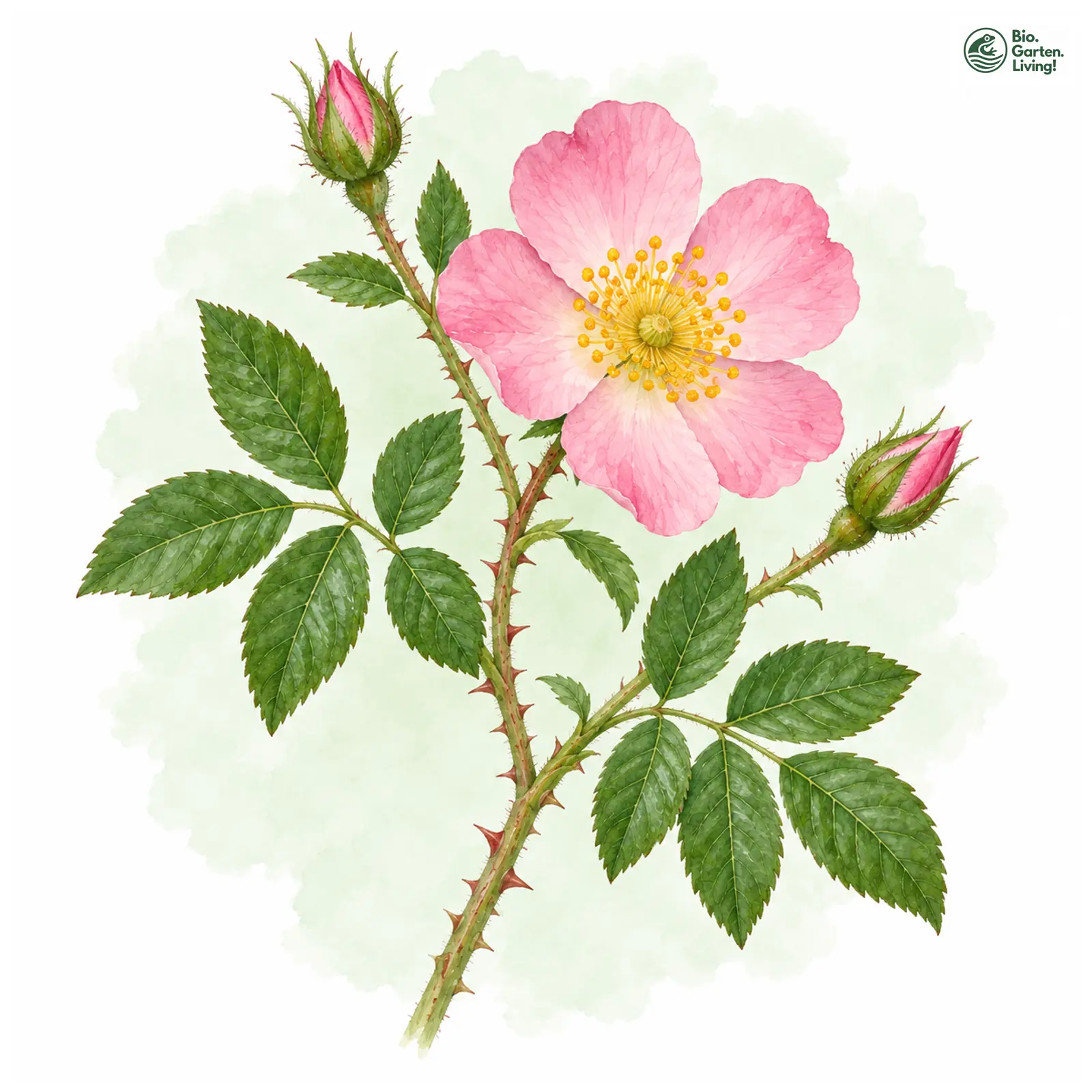 Aquarellzeichnung: Virginianische Rose (Rosa virginiana)