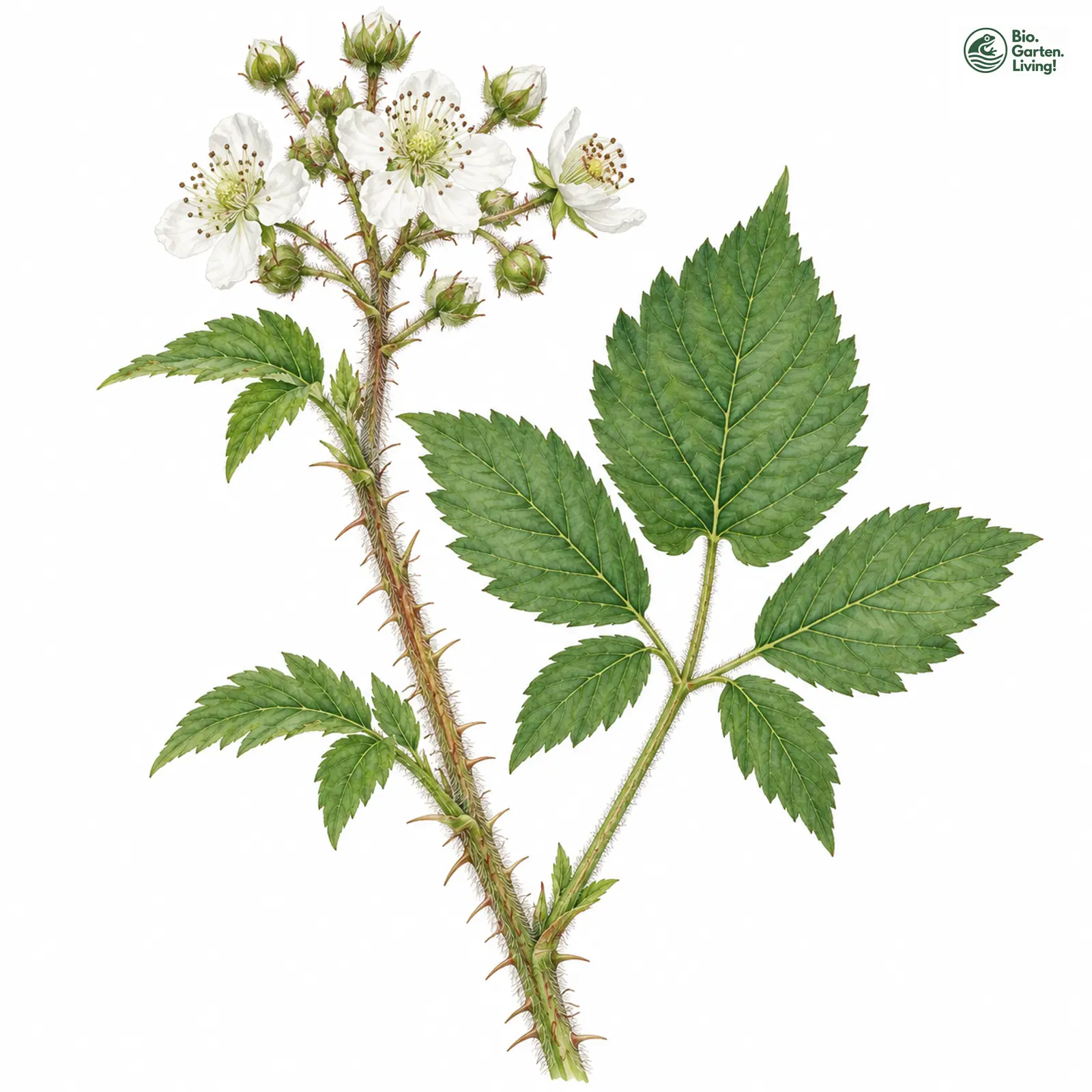 Aquarellzeichnung: Weißblütige Brombeere (Rubus albiflorus)