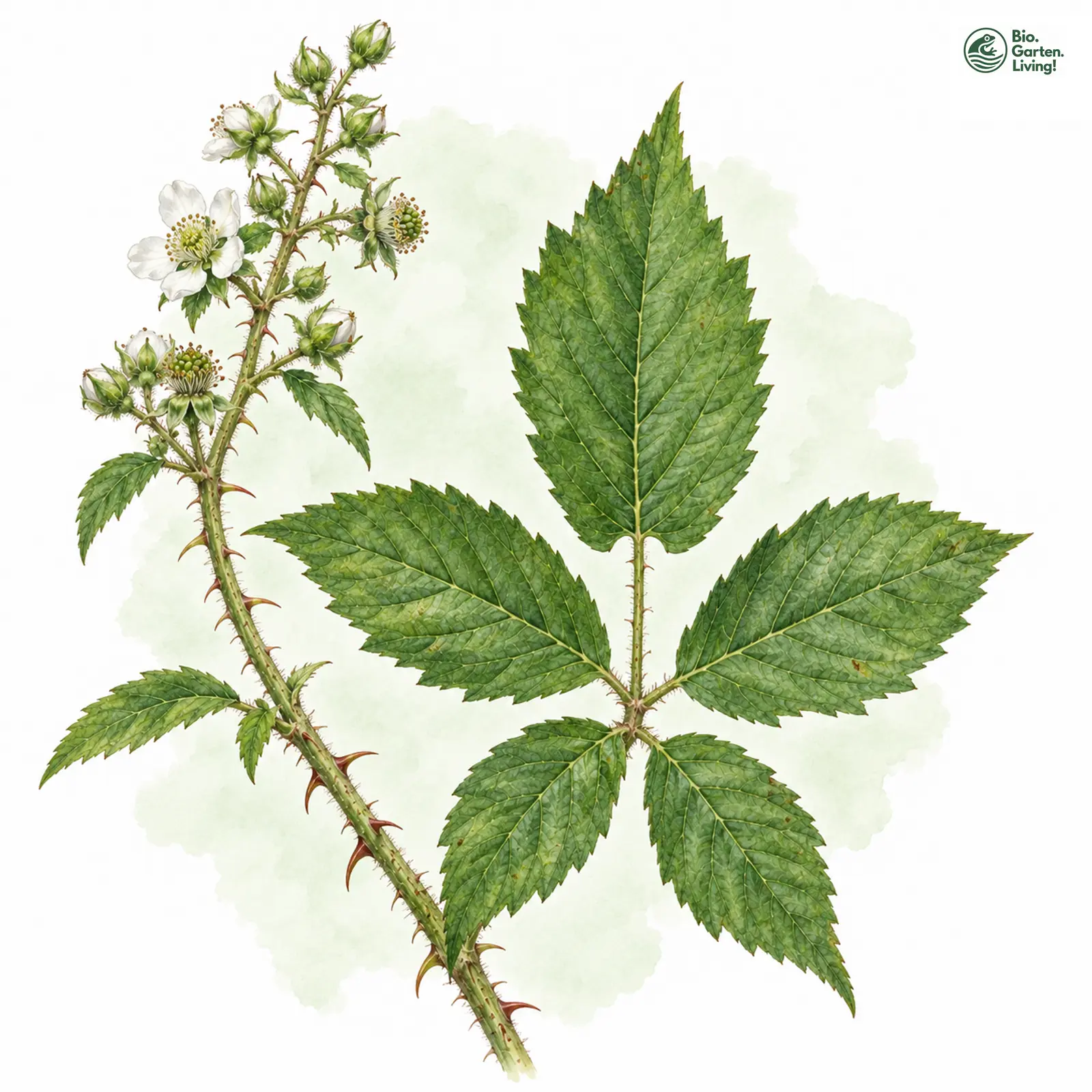 Aquarellzeichnung: Beijerincks Brombeere (Rubus beijerinckii)