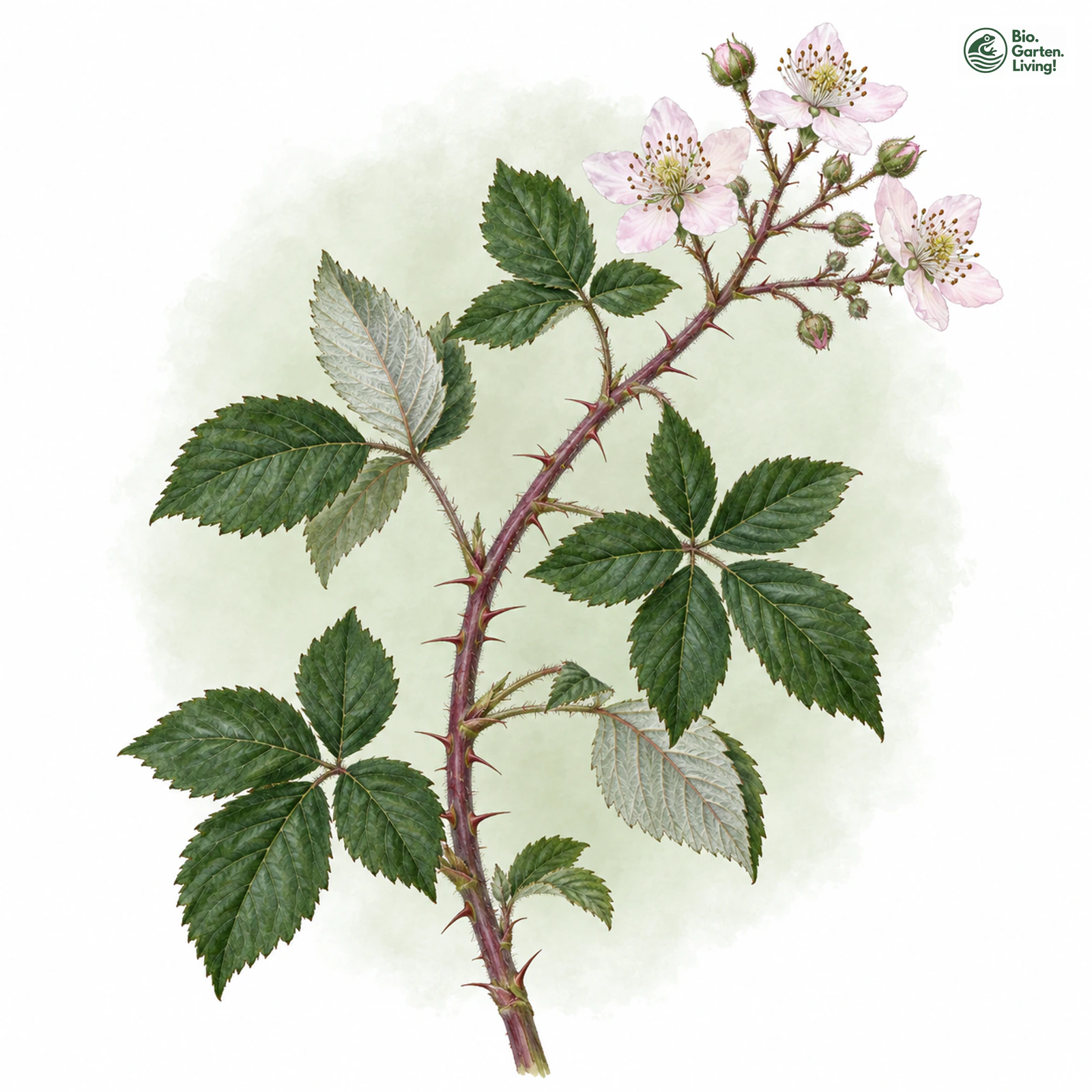 Aquarellzeichnung: Zweifarbige Brombeere (Rubus bifrons)