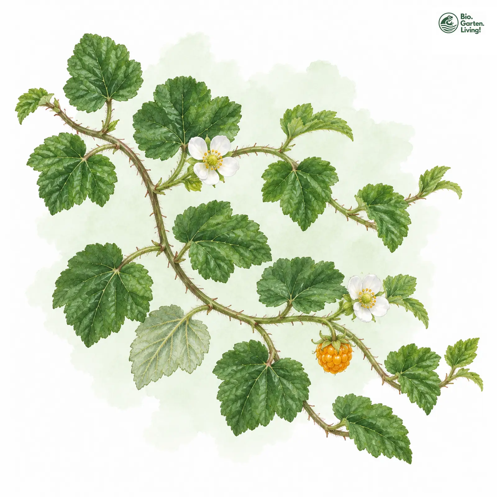 Aquarellzeichnung: Kriechende Himbeere (Rubus calycinoides)
