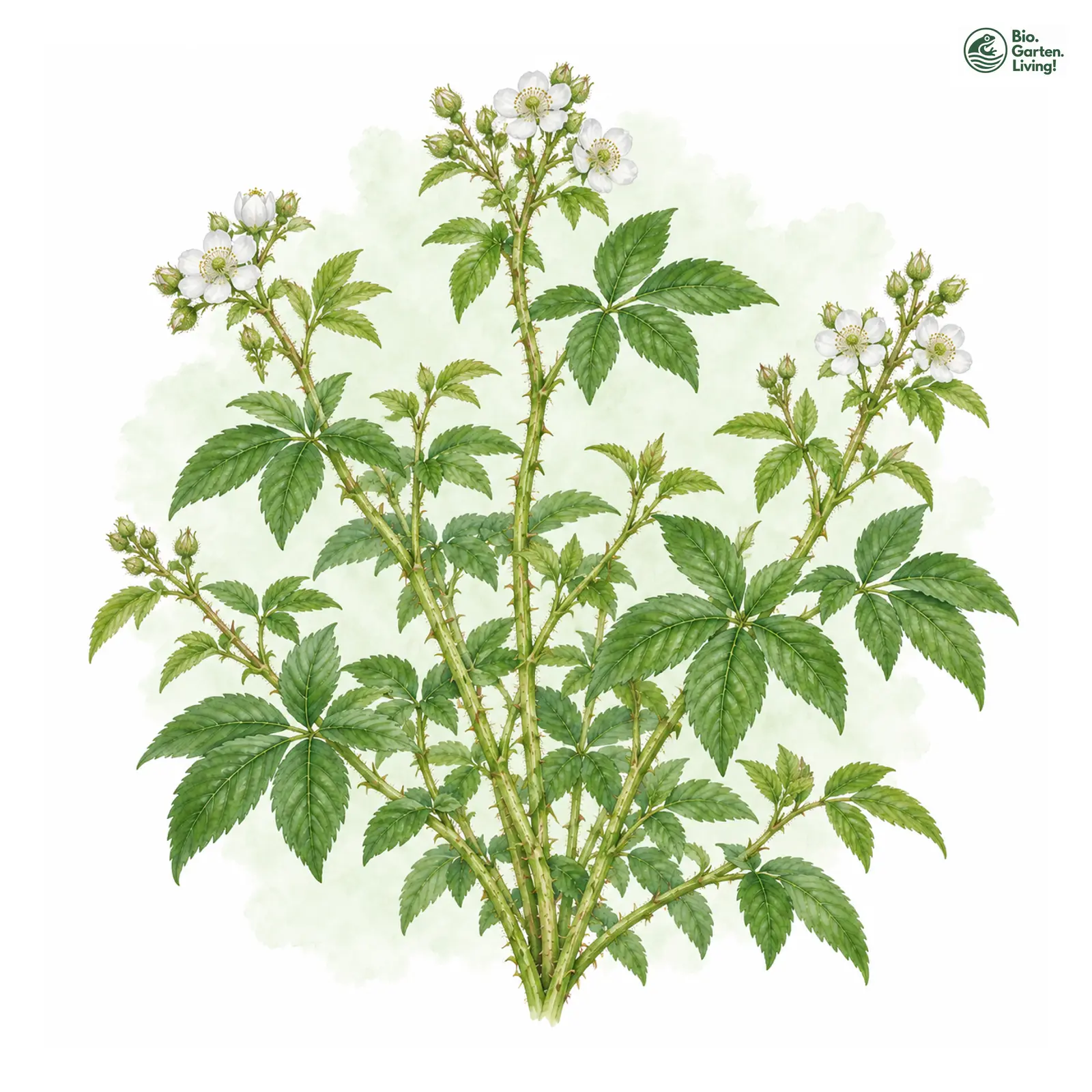 Aquarellzeichnung: Kuhbiers Brombeere (Rubus cubirianus)