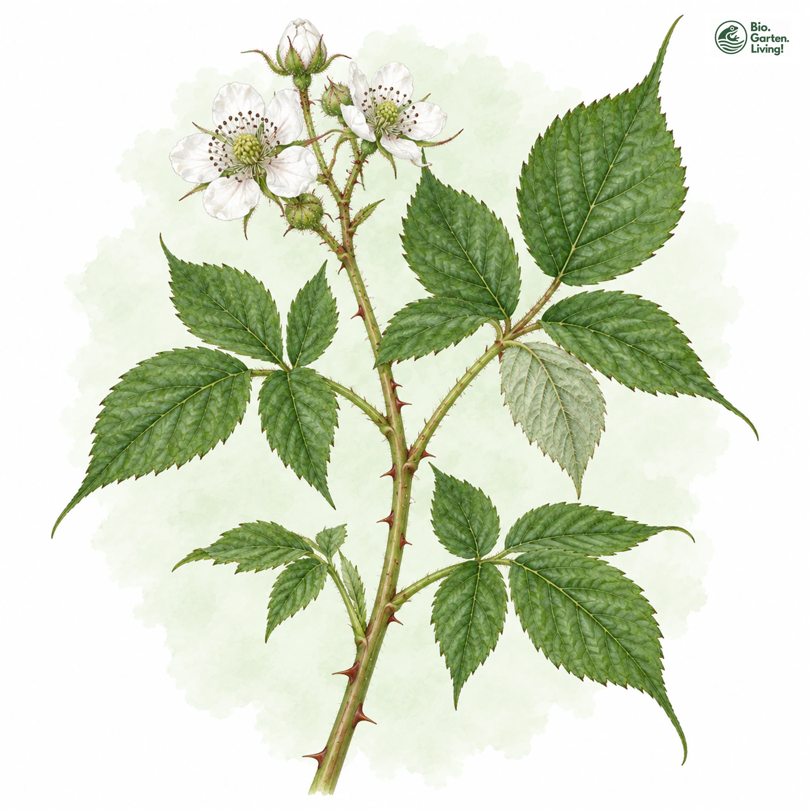 Aquarellzeichnung: Zugespitzte Haselblatt-Brombeere (Rubus cuspidatus)