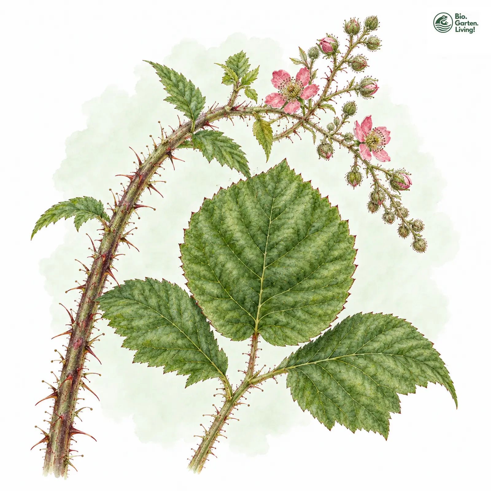 Aquarellzeichnung: Wildere Haselblatt-Brombeere (Rubus ferocior)