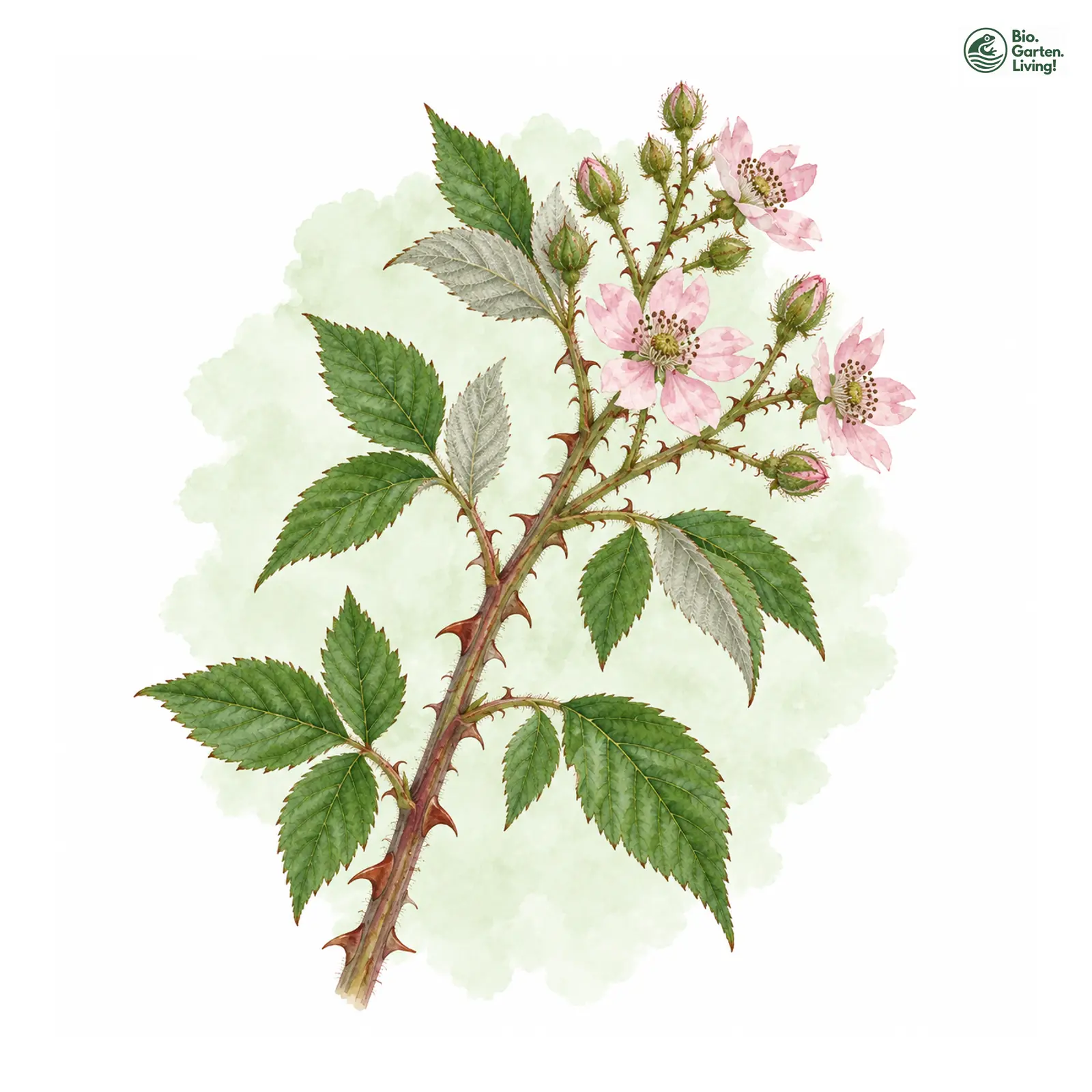 Aquarellzeichnung: Spaltblütige Brombeere (Rubus fissipetalus)