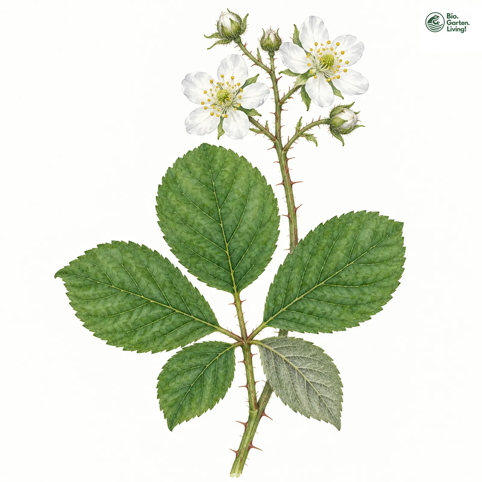 Aquarellzeichnung: Fürnrohr-Haselblatt-Brombeere (Rubus fuernrohrii)