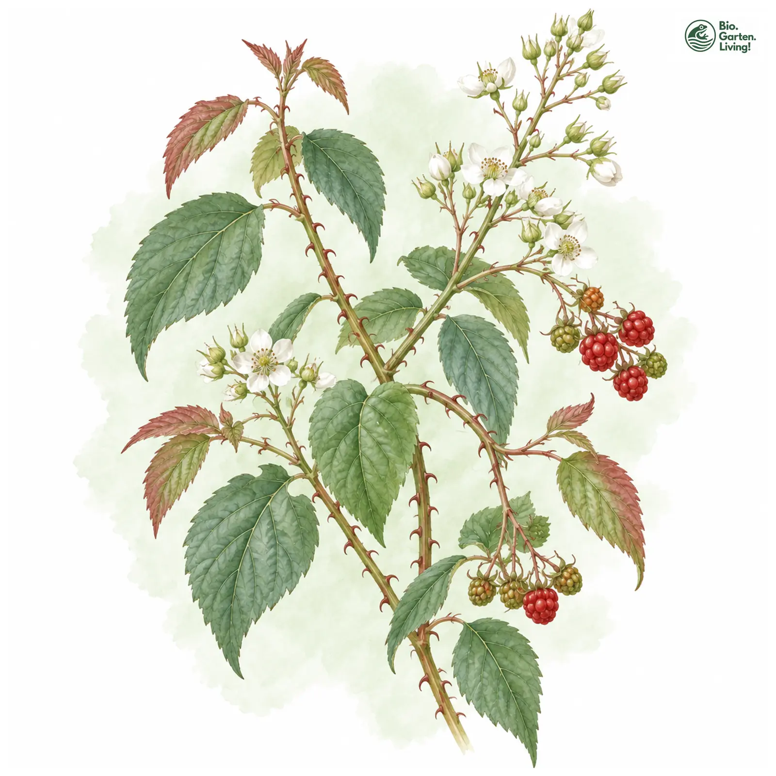 Aquarellzeichnung: Ichang-Beere (Rubus ichangensis)