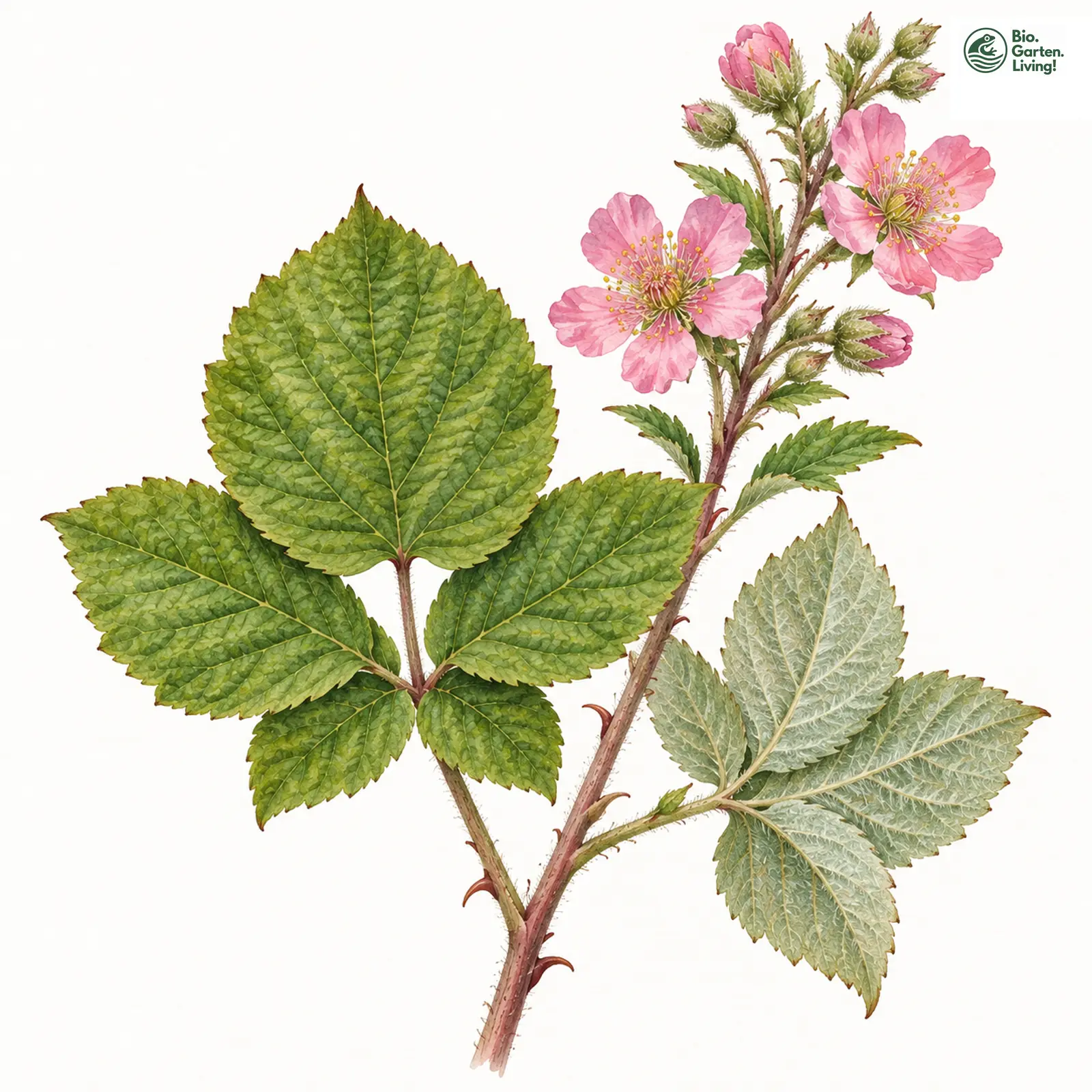 Aquarellzeichnung: Dachziegelblättrige Brombeere (Rubus imbricatus)
