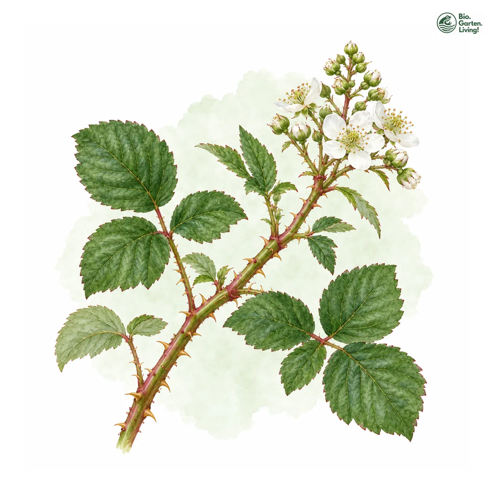 Aquarellzeichnung: Wirrästige Haselblatt-Brombeere (Rubus intricatus)