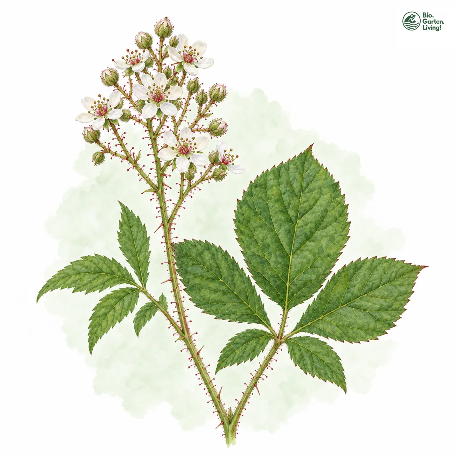 Aquarellzeichnung: Jansen-Brombeere (Rubus jansenii)