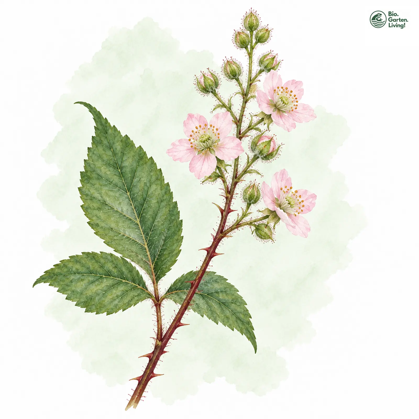 Aquarellzeichnung: Kiesewetter-Brombeere (Rubus kiesewetteri)