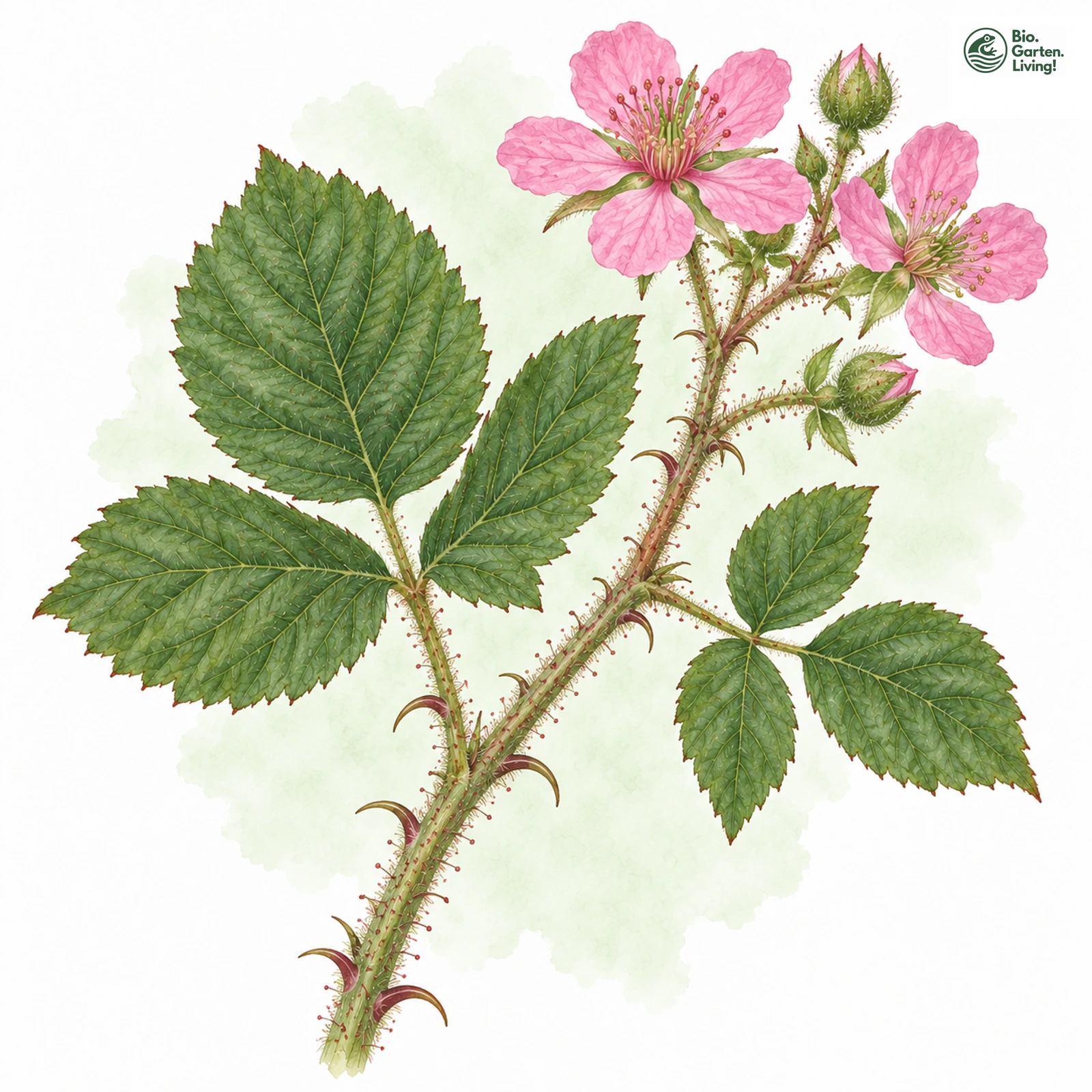 Aquarellzeichnung: Klimmek-Brombeere (Rubus klimmekianus)