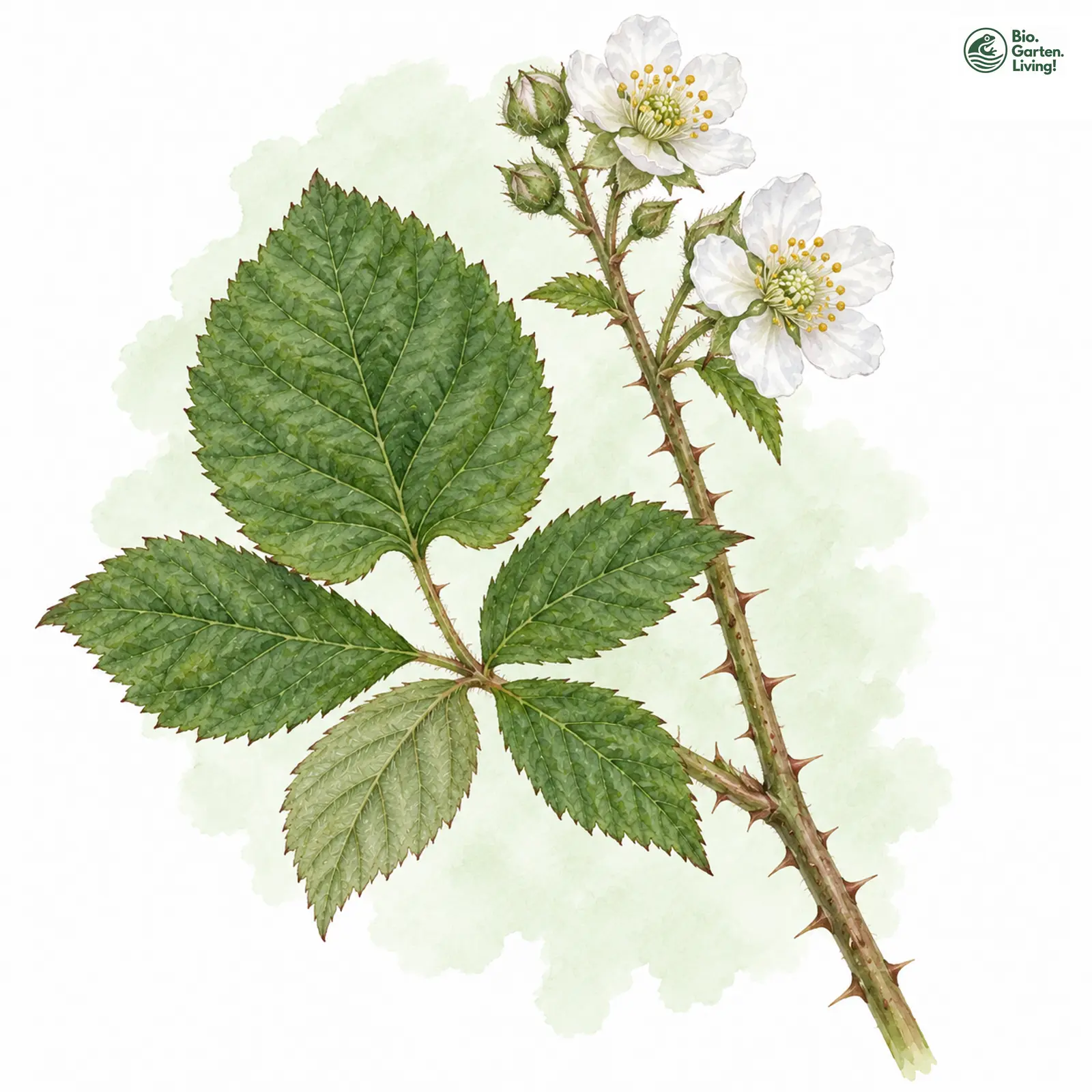 Aquarellzeichnung: Breitgesäß-Haselblattbrombeere (Rubus latisedes)