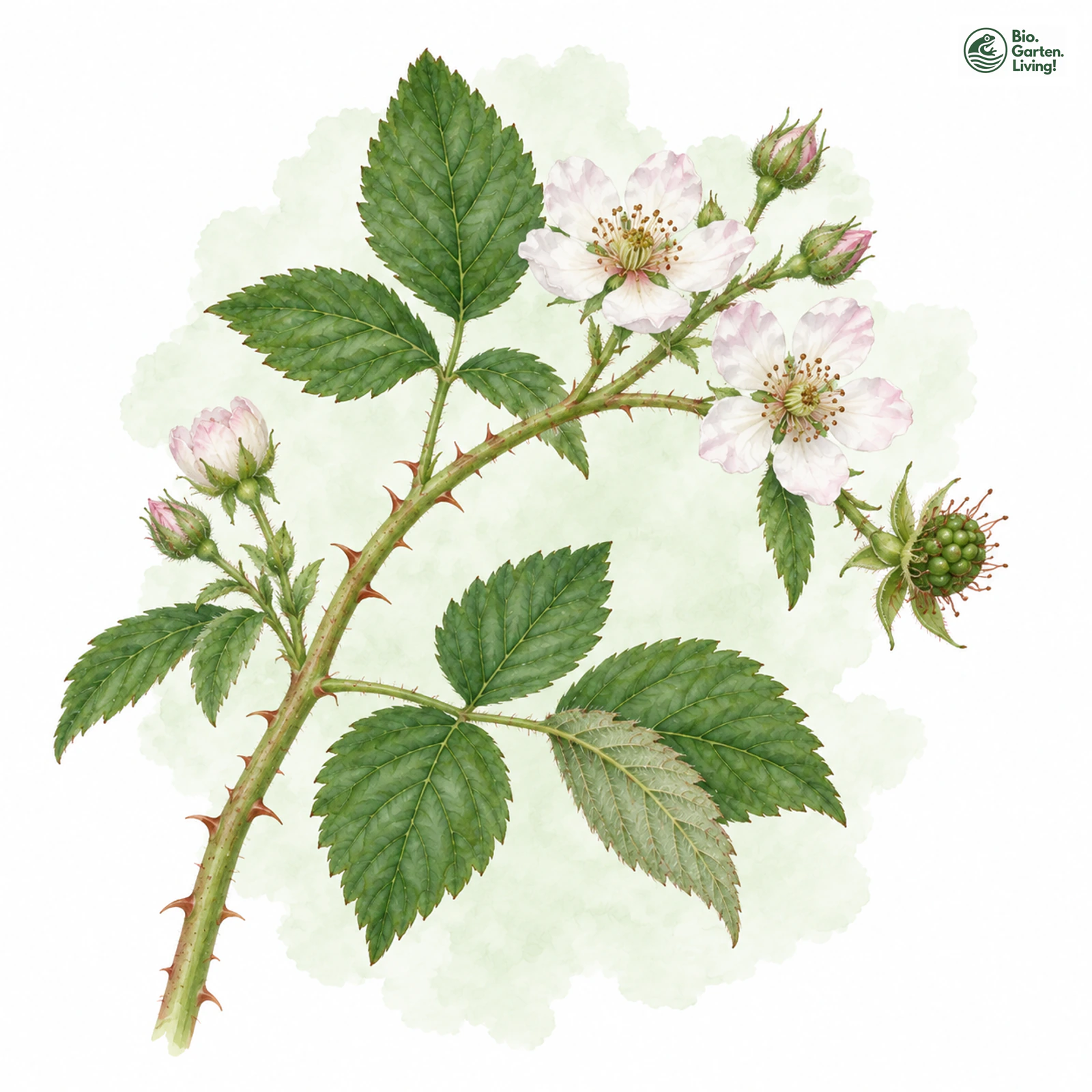 Aquarellzeichnung: Limes-Haselblatt-Brombeere (Rubus limitis)