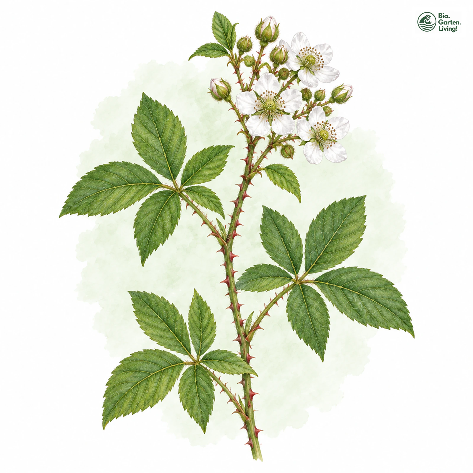 Aquarellzeichnung: Lindeberg-Brombeere (Rubus lindebergii)