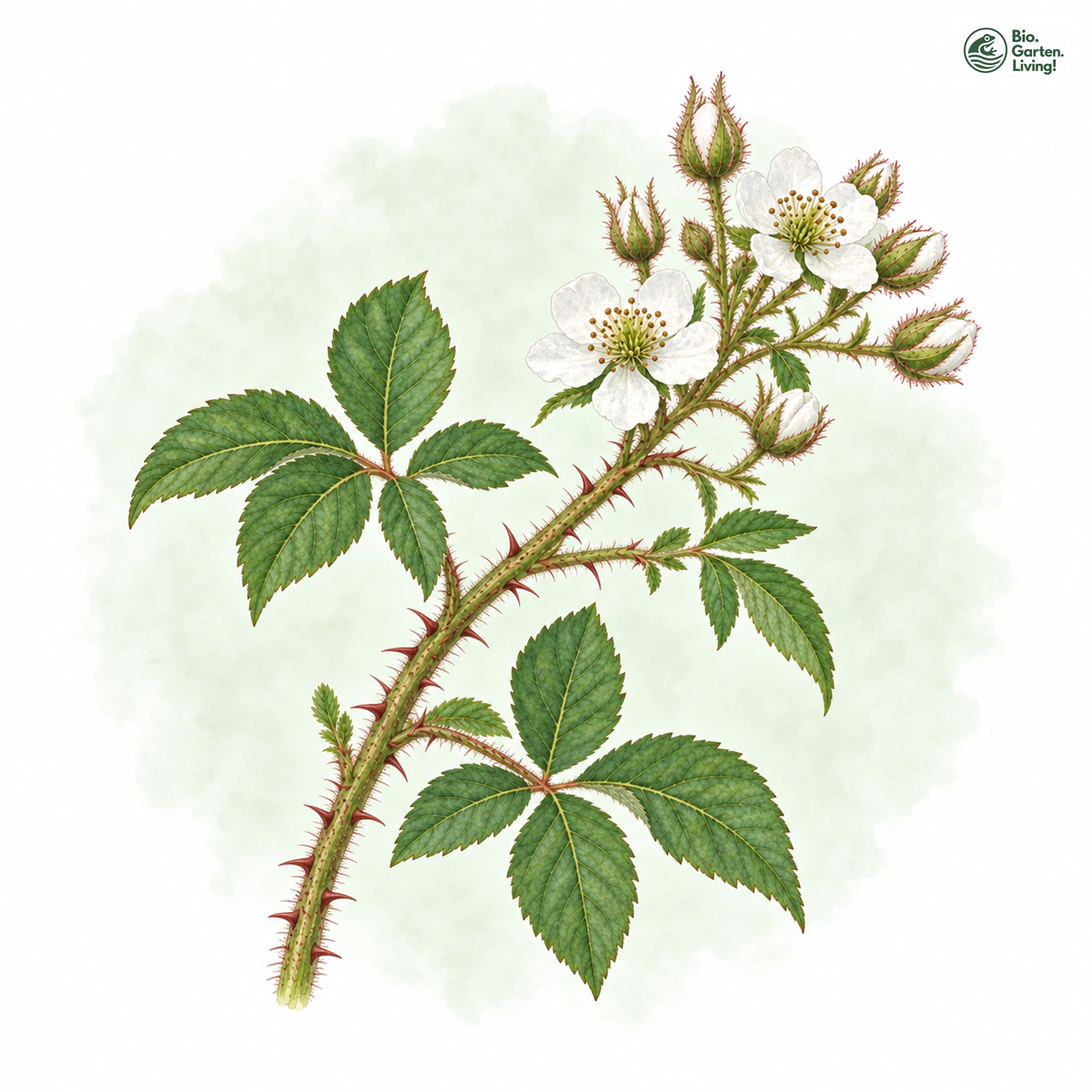 Aquarellzeichnung: Löhr-Brombeere (Rubus loehrii)