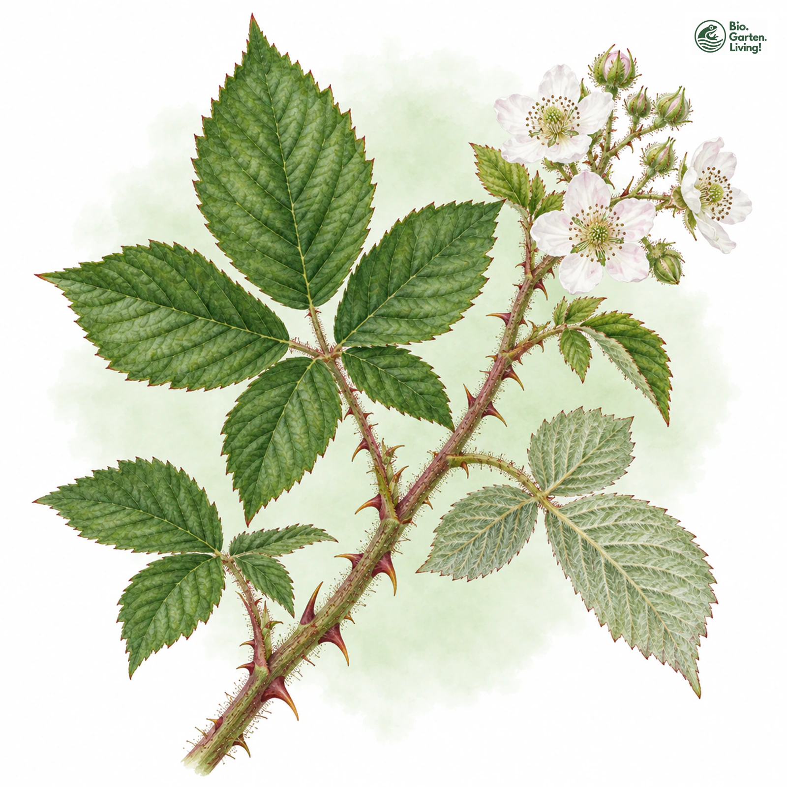 Aquarellzeichnung: Marienwald-Brombeere (Rubus marianus)