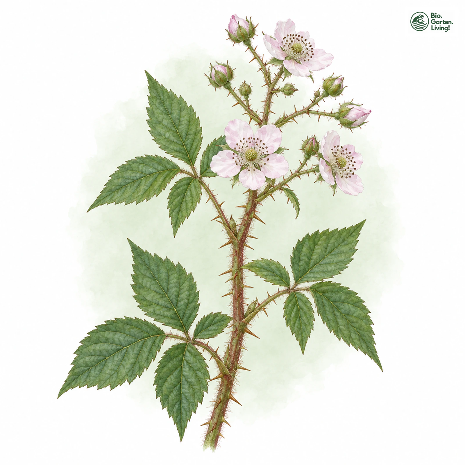 Aquarellzeichnung: Marsson-Brombeere (Rubus marssonianus)
