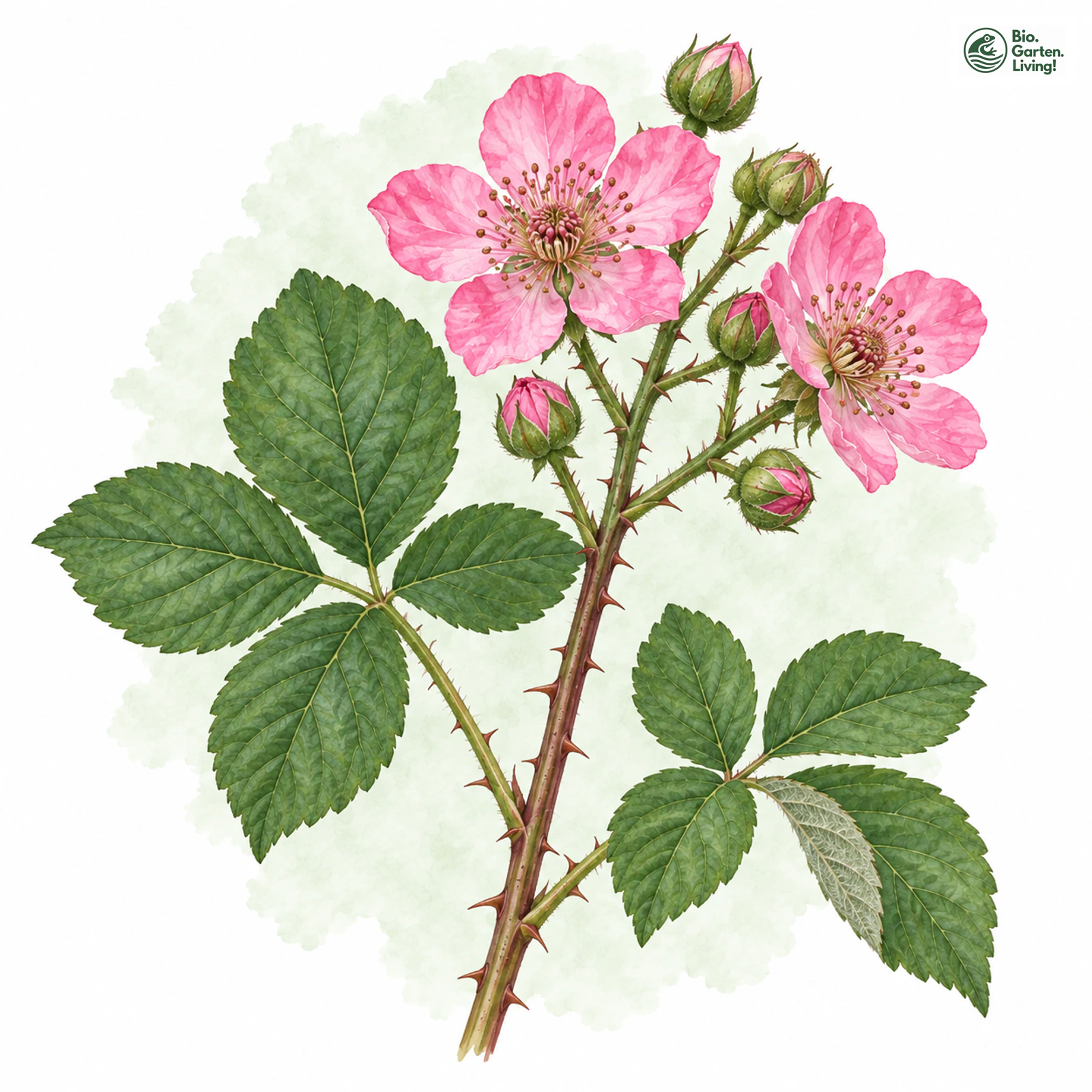 Aquarellzeichnung: Martensen-Brombeere (Rubus martensenii)