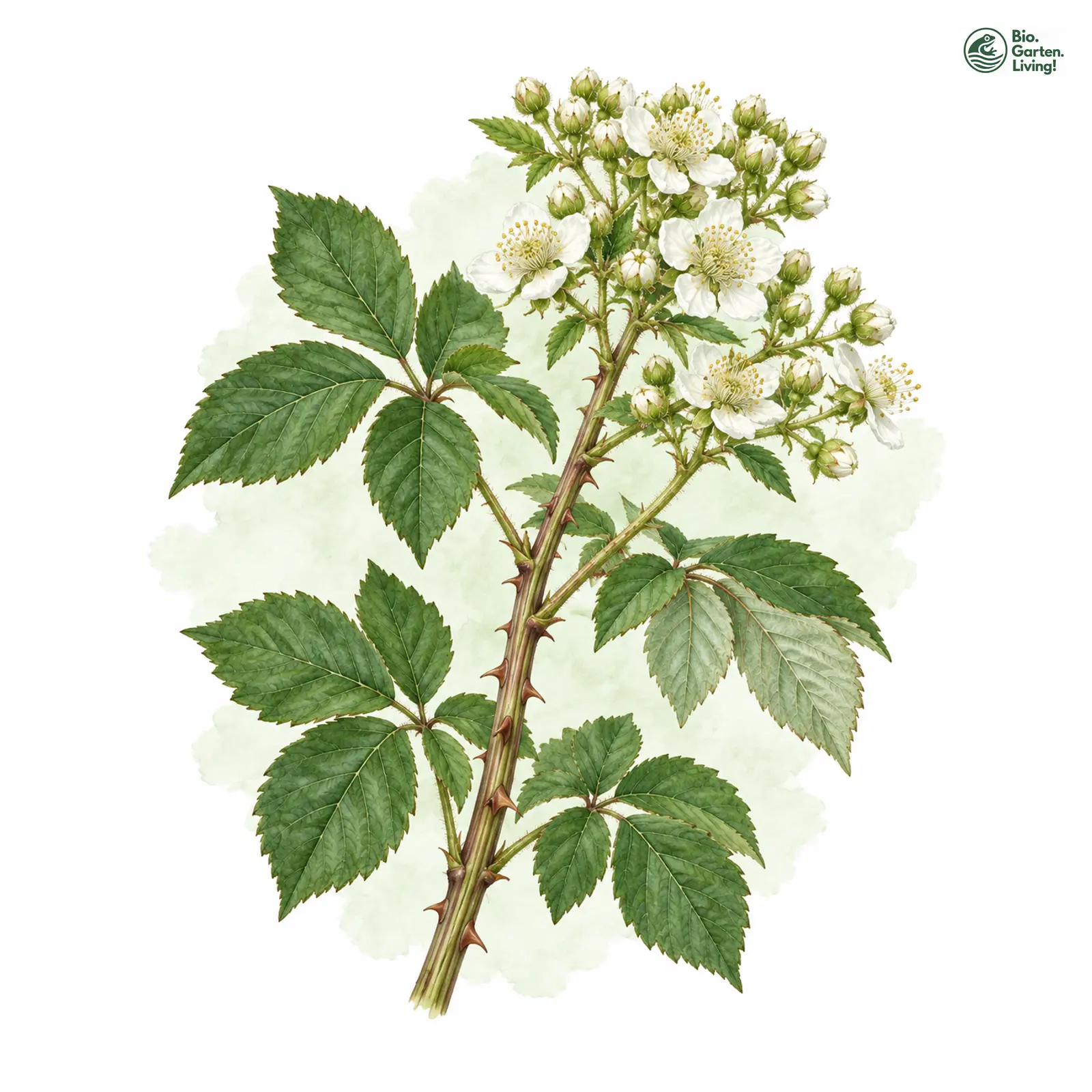 Aquarellzeichnung: Zaunreben-Brombeere (Rubus parthenocissus)