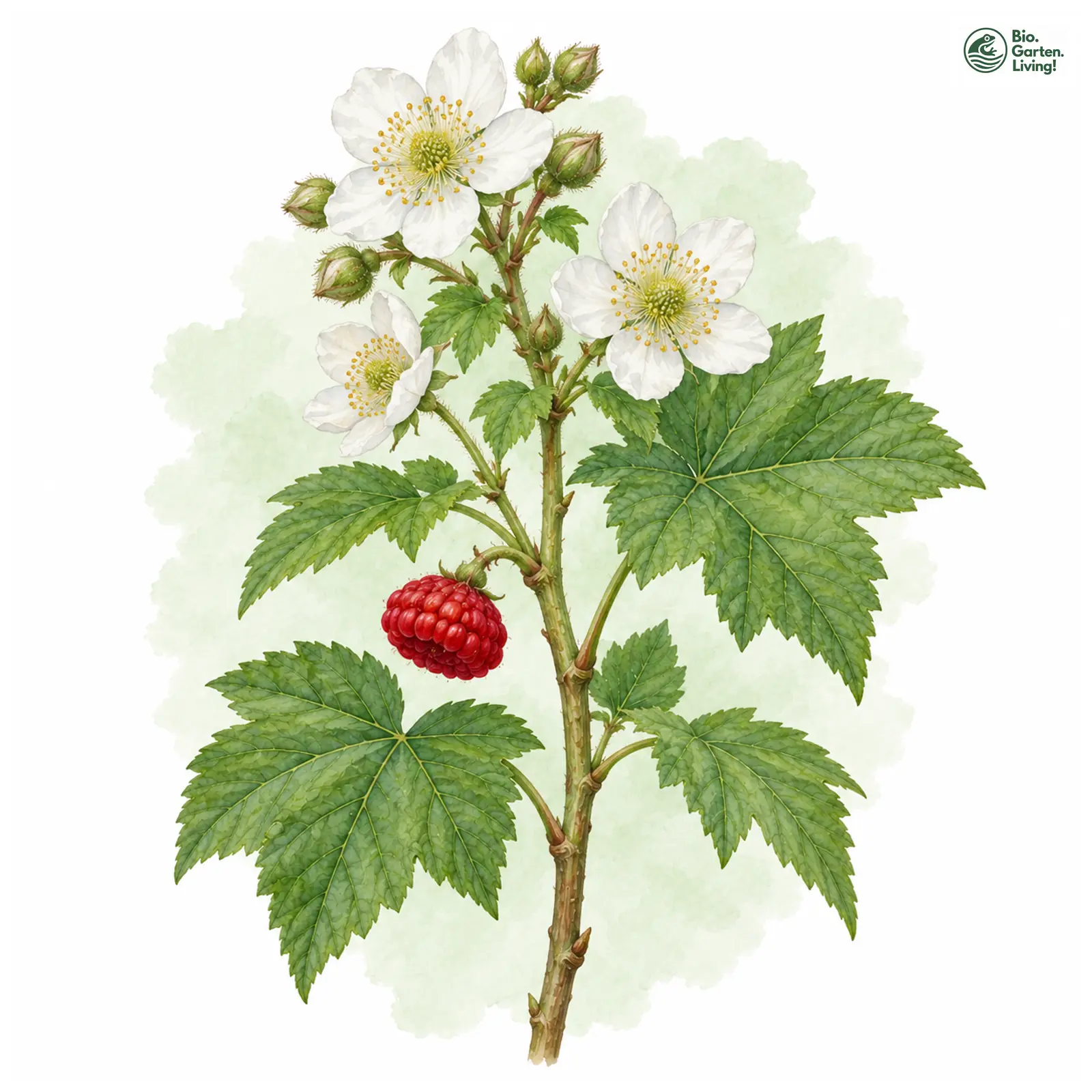 Aquarellzeichnung: Weiße Zimthimbeere (Rubus parviflorus)