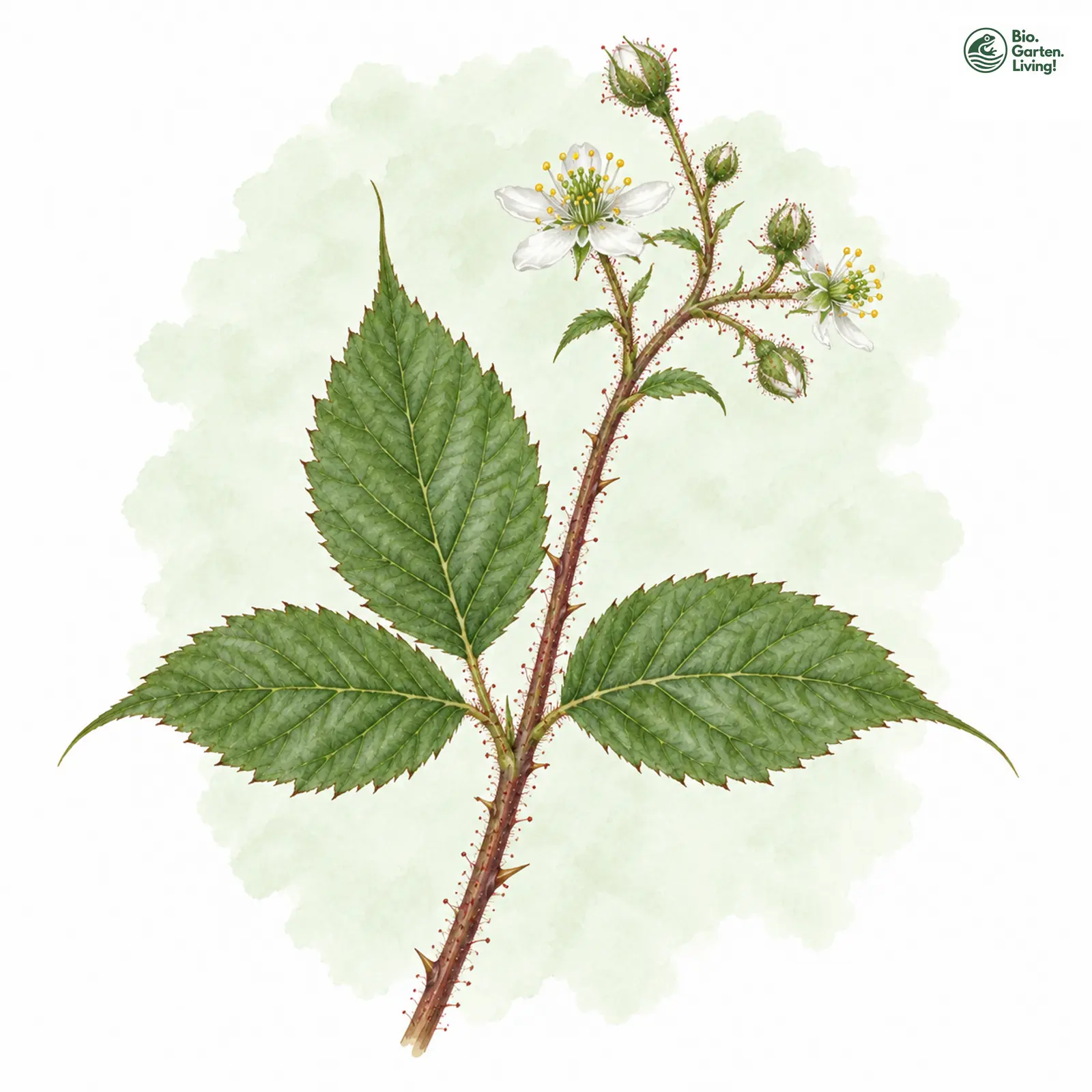 Aquarellzeichnung: Träufelspitzen-Brombeere (Rubus pedemontanus)