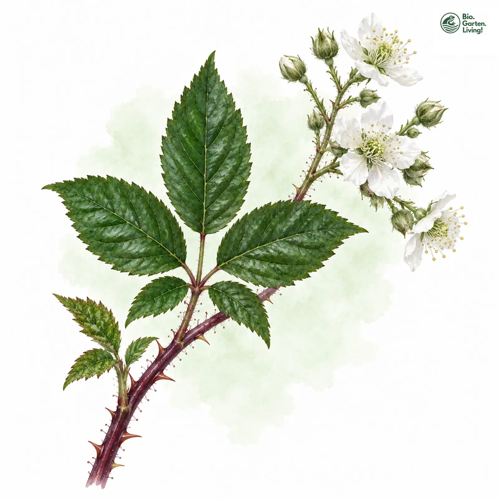 Aquarellzeichnung: Fußangel-Brombeere (Rubus pedica)