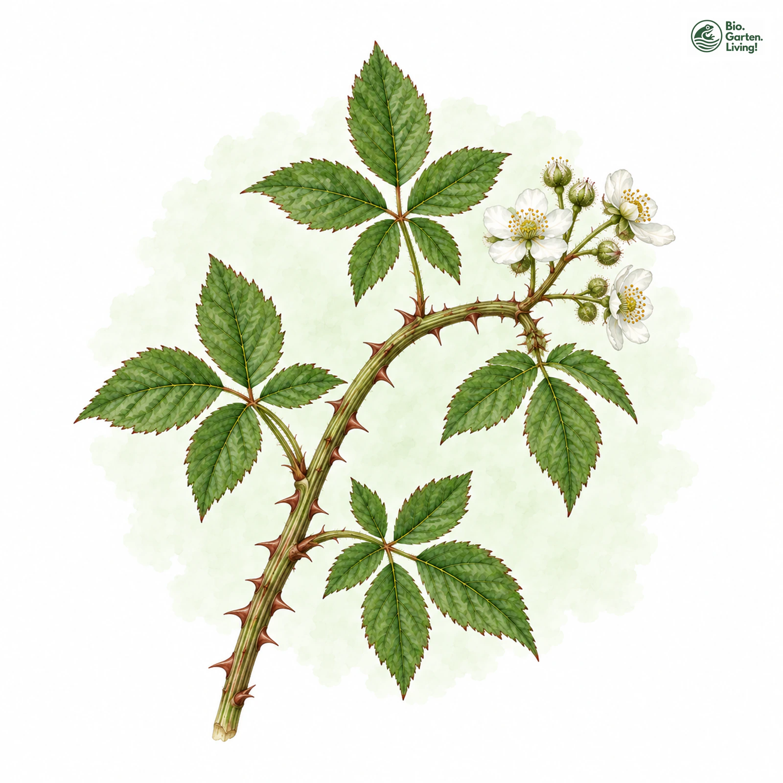 Aquarellzeichnung: Lügen-Brombeere (Rubus perperus)