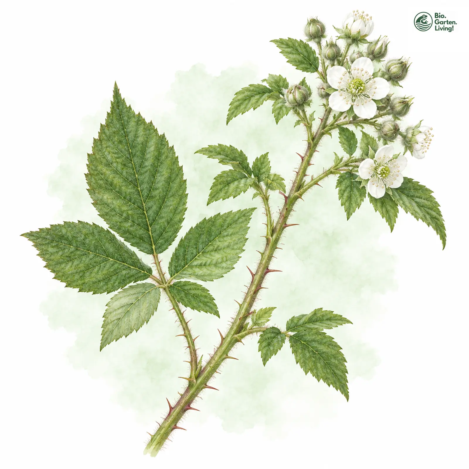 Aquarellzeichnung: Flaumige Haselblattbrombeere (Rubus puberulus)