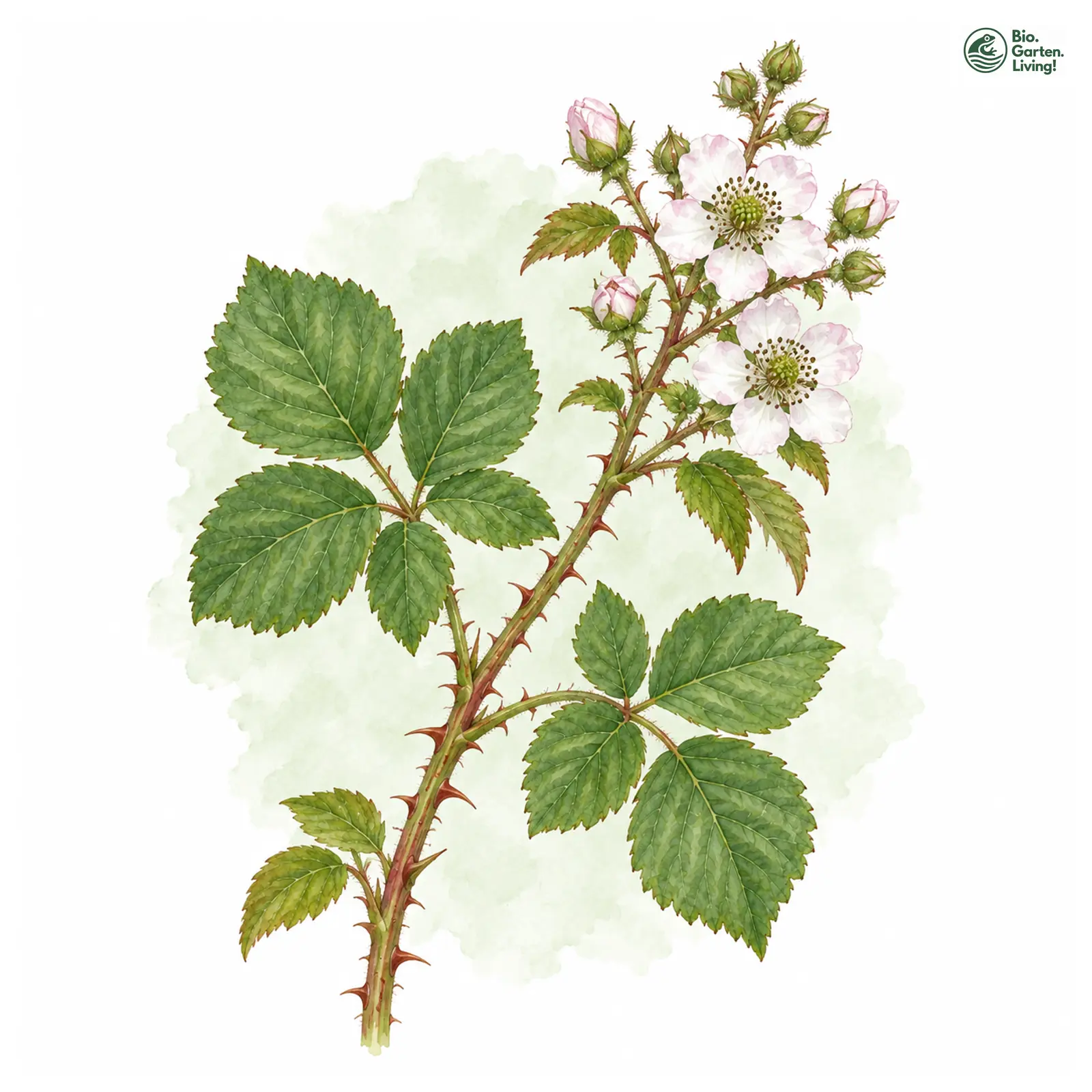 Aquarellzeichnung: Sankt Hildegards Haselblattbrombeere (Rubus sanctae-hildegardis)