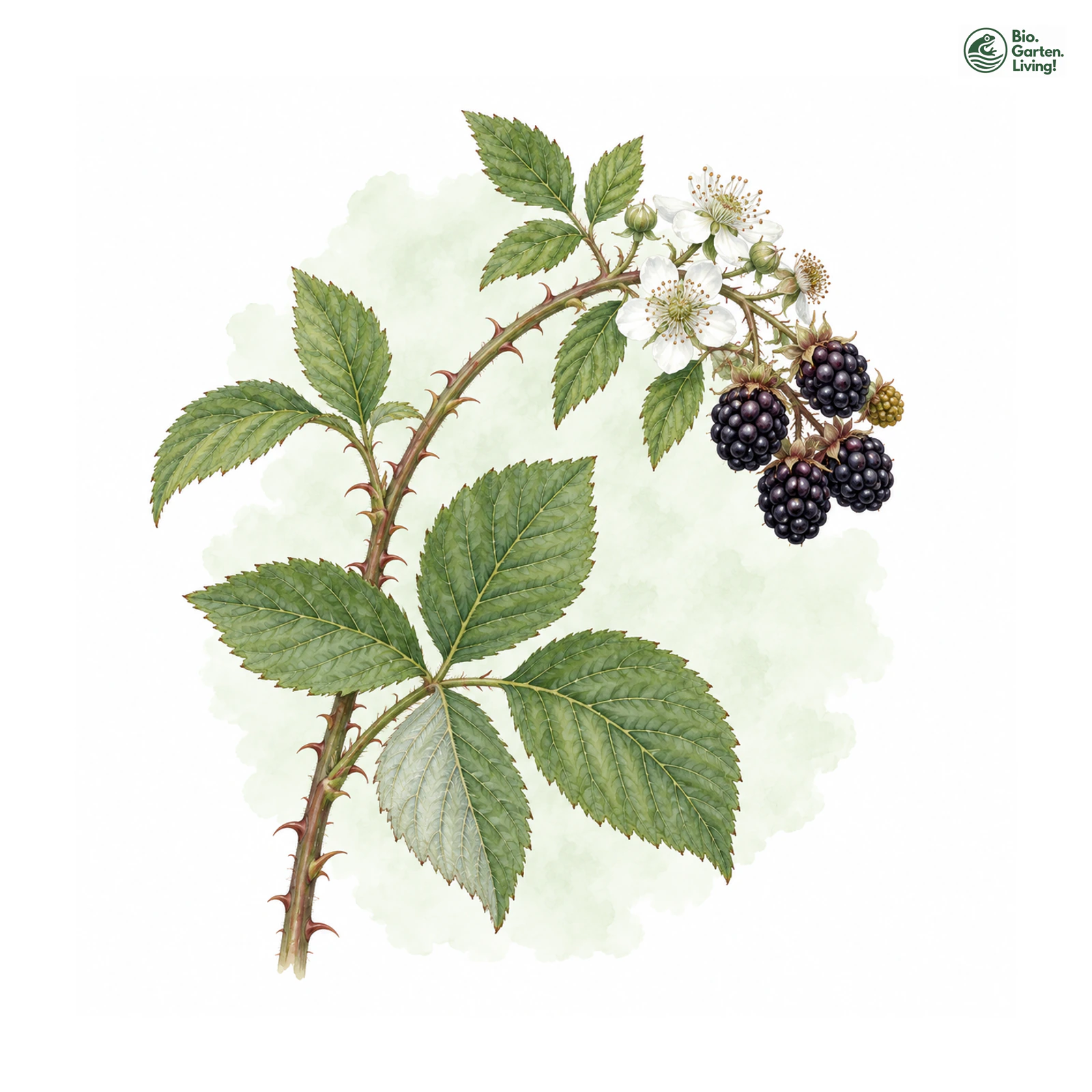Aquarellzeichnung: Sendtner-Haselblatt-Brombeere (Rubus sendtneri)