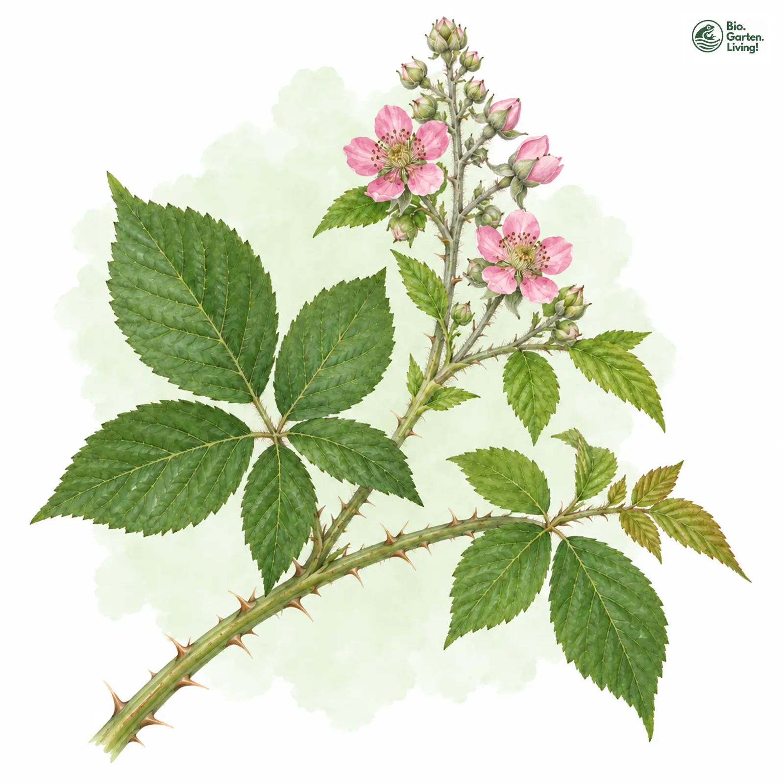 Aquarellzeichnung: Sieber-Brombeere (Rubus sieberi)