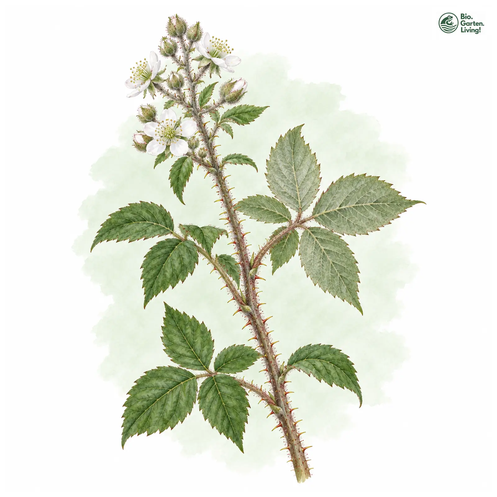 Aquarellzeichnung: Bayerwald-Brombeere (Rubus silvae-bavaricae)