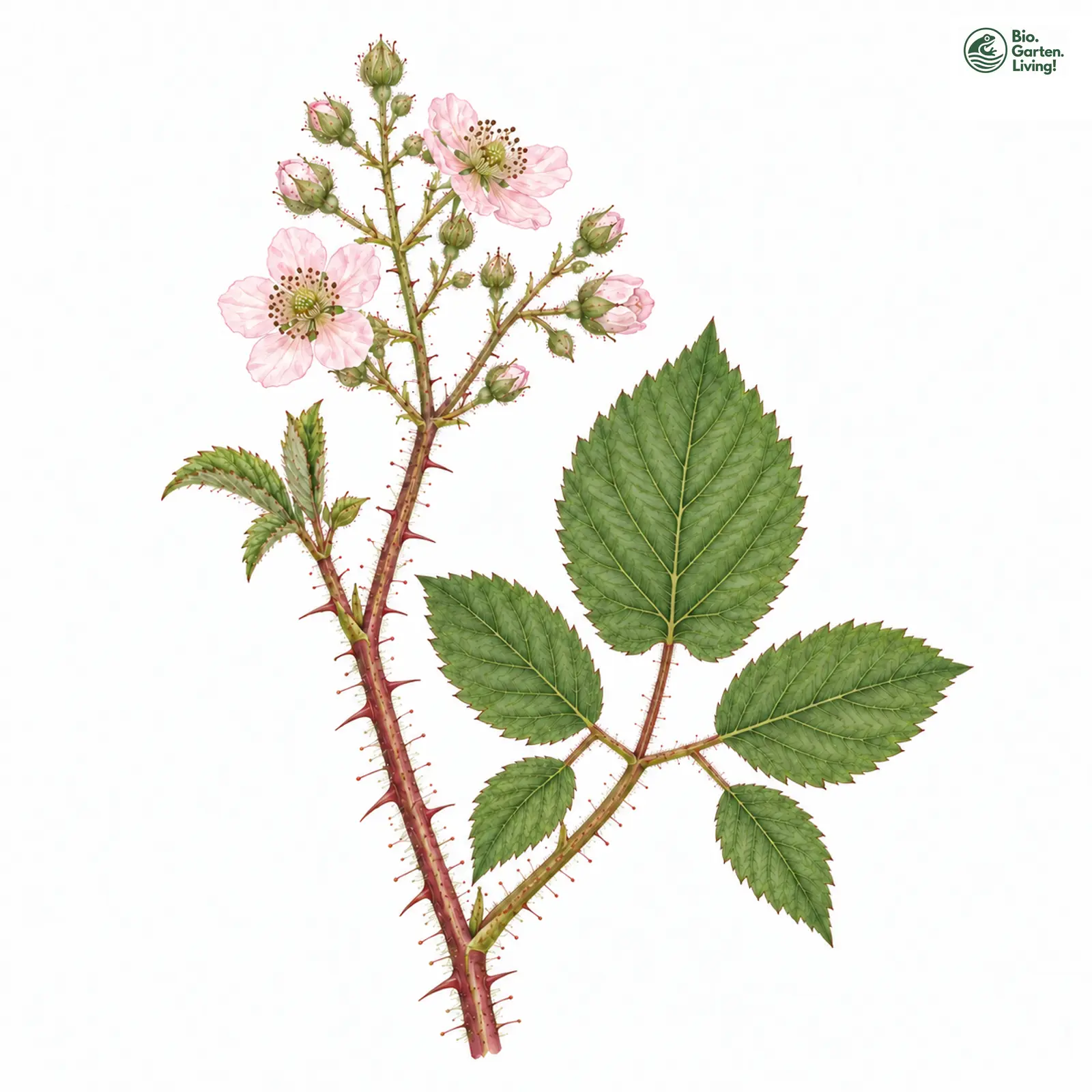Aquarellzeichnung: Böhmerwald-Brombeere (Rubus silvae-bohemicae)