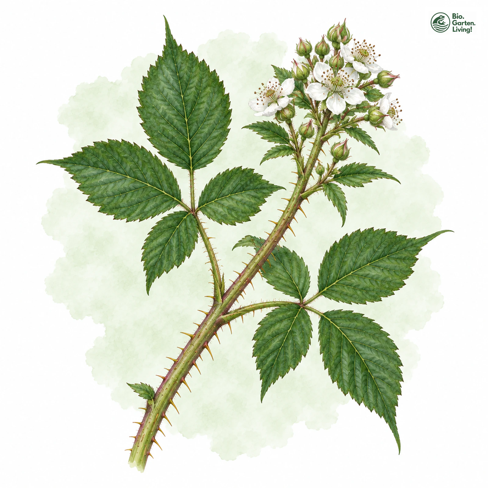 Aquarellzeichnung: Nordwald-Brombeere (Rubus silvae-norticae)