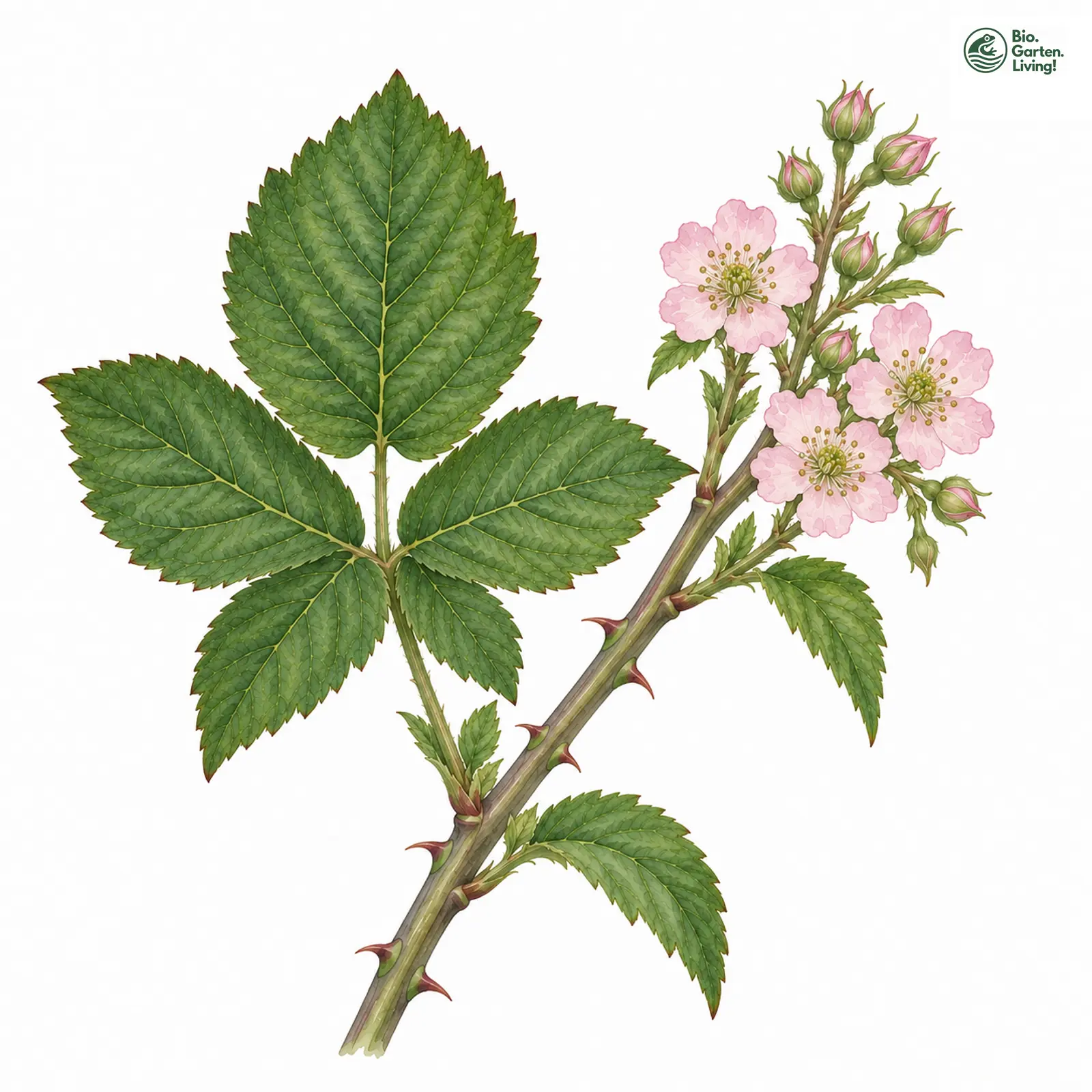 Aquarellzeichnung: Stohr-Haselblatt-Brombeere (Rubus stohrii)