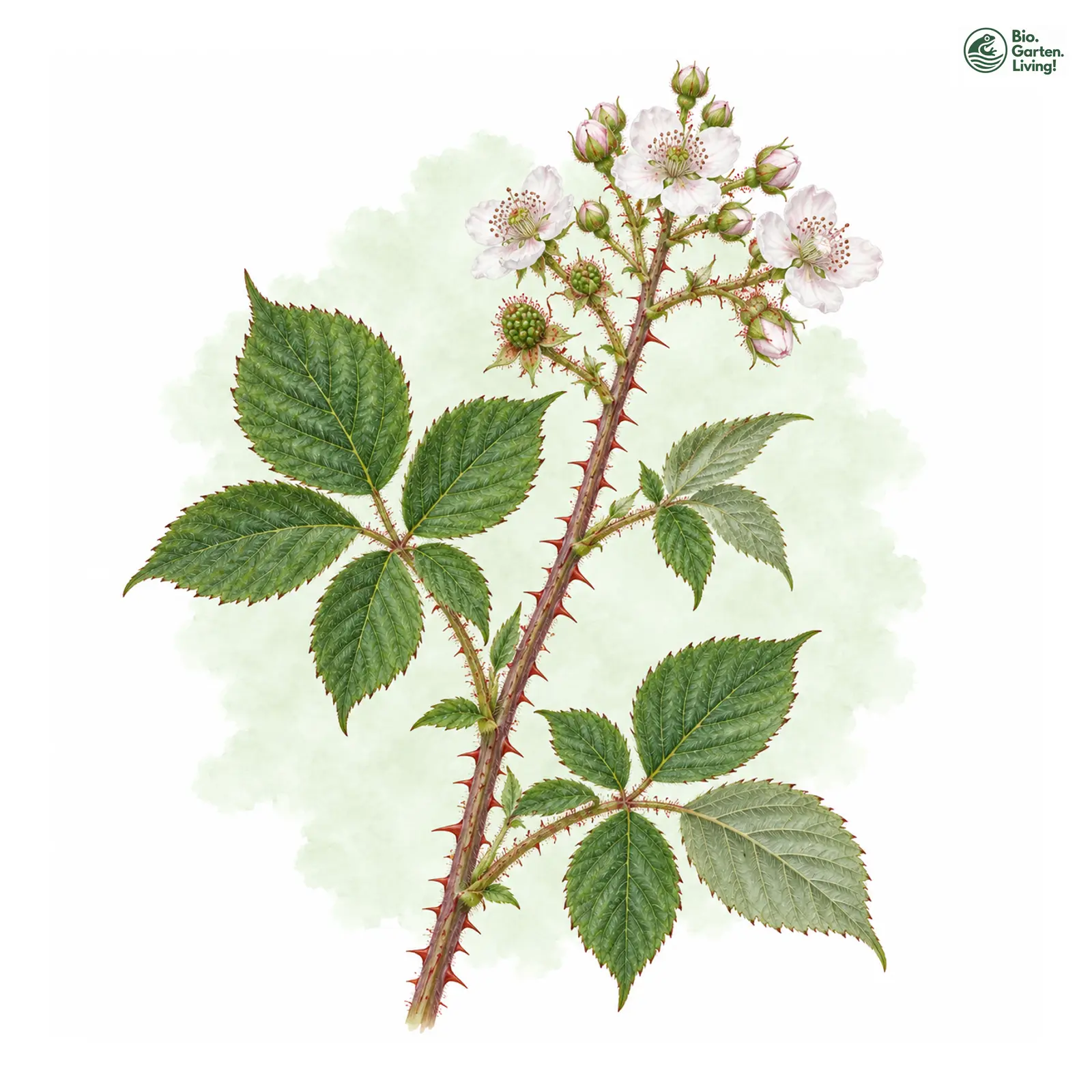 Aquarellzeichnung: Thüringer Brombeere (Rubus thuringensis)