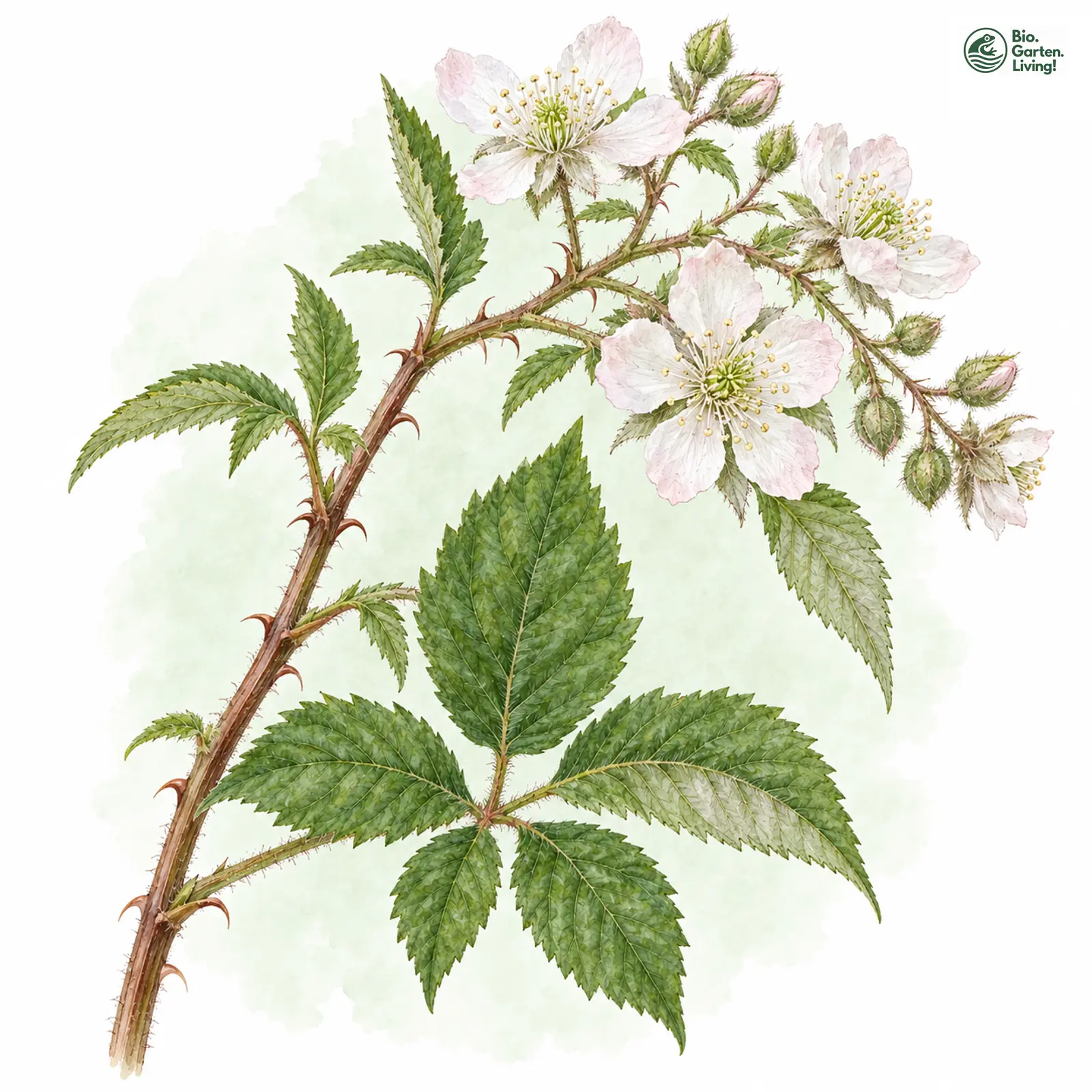 Aquarellzeichnung: Haarblütige Brombeere (Rubus trichanthus)