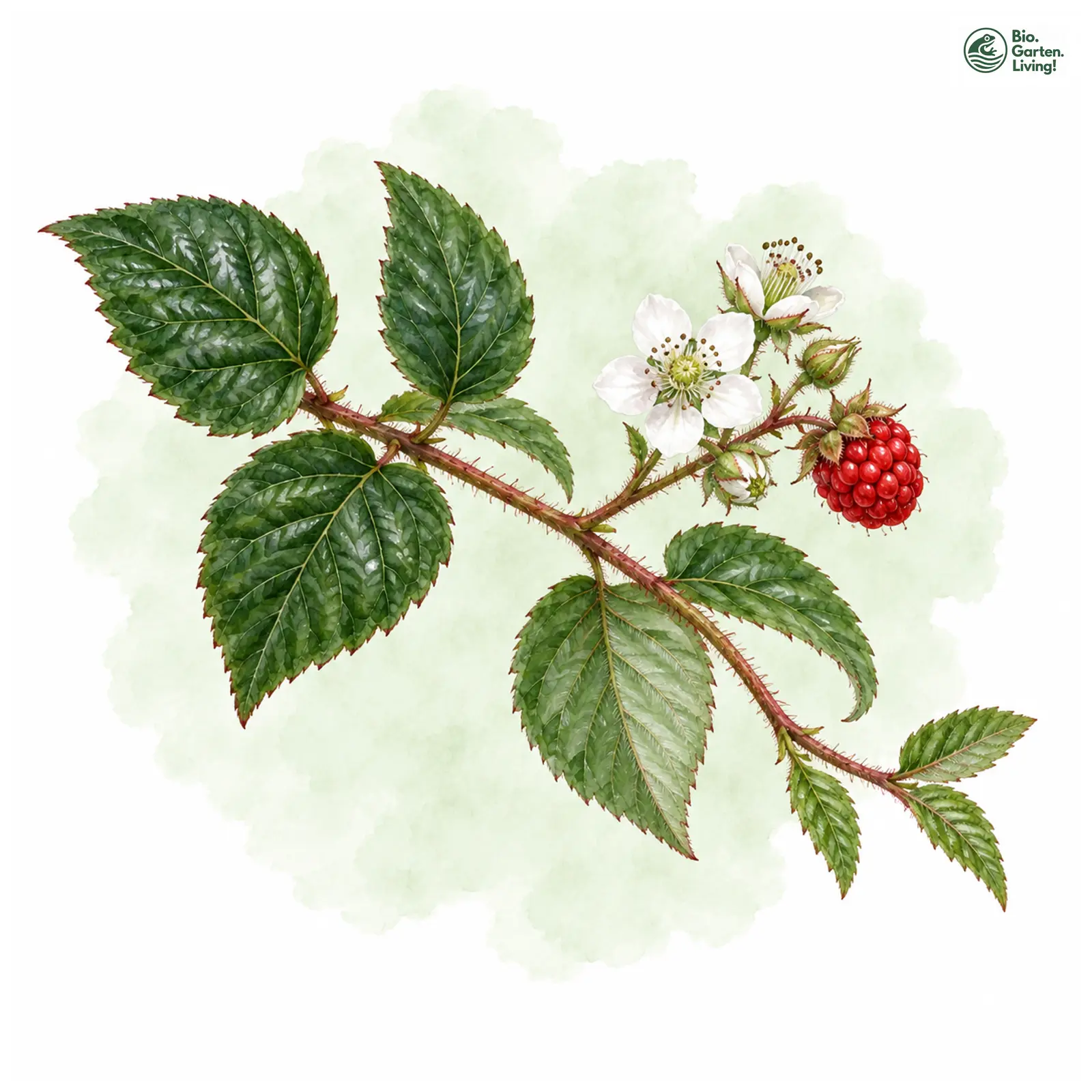 Aquarellzeichnung: Chinesische Brombeere (Rubus tricolor)