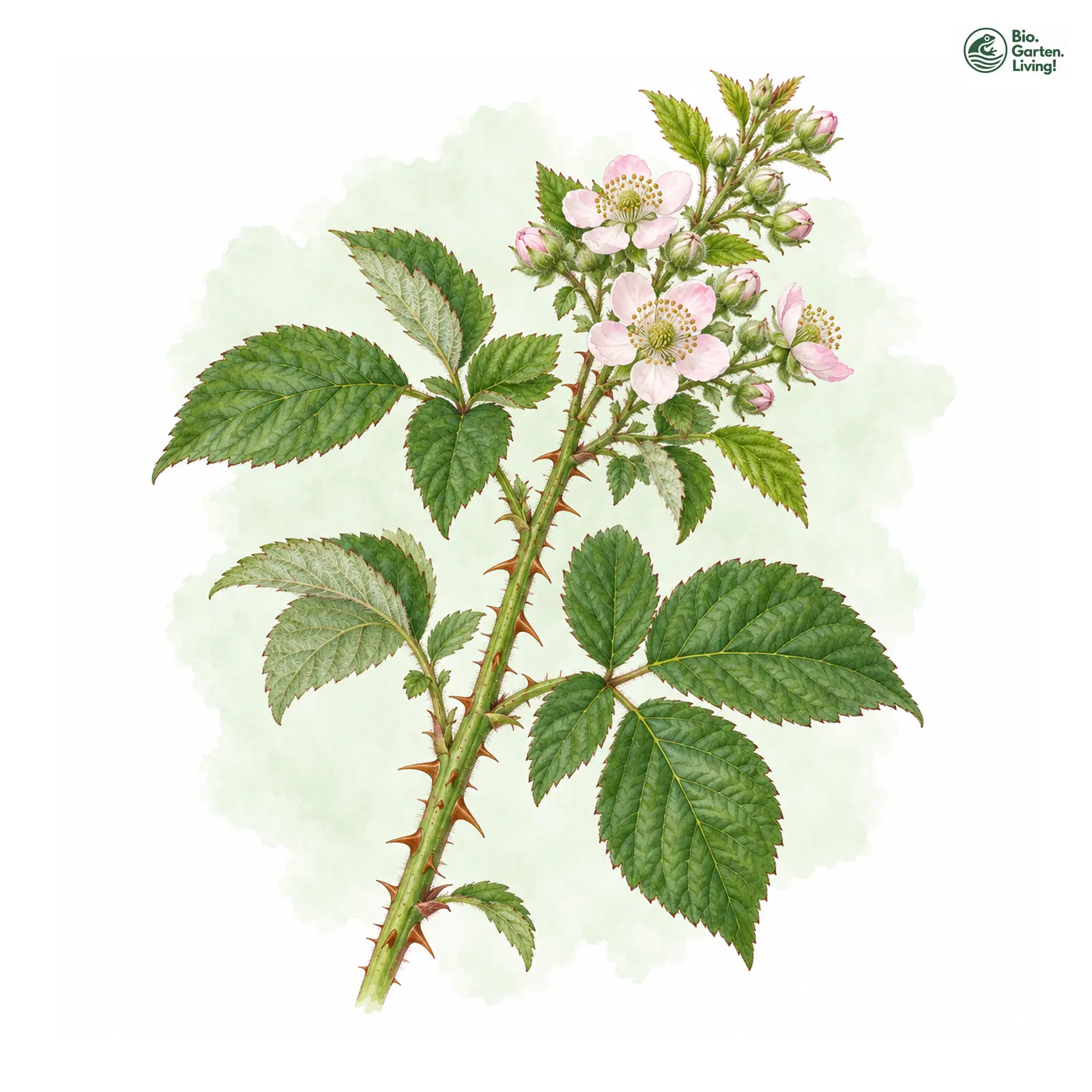 Aquarellzeichnung: Wittig-Brombeere (Rubus wittigianus)