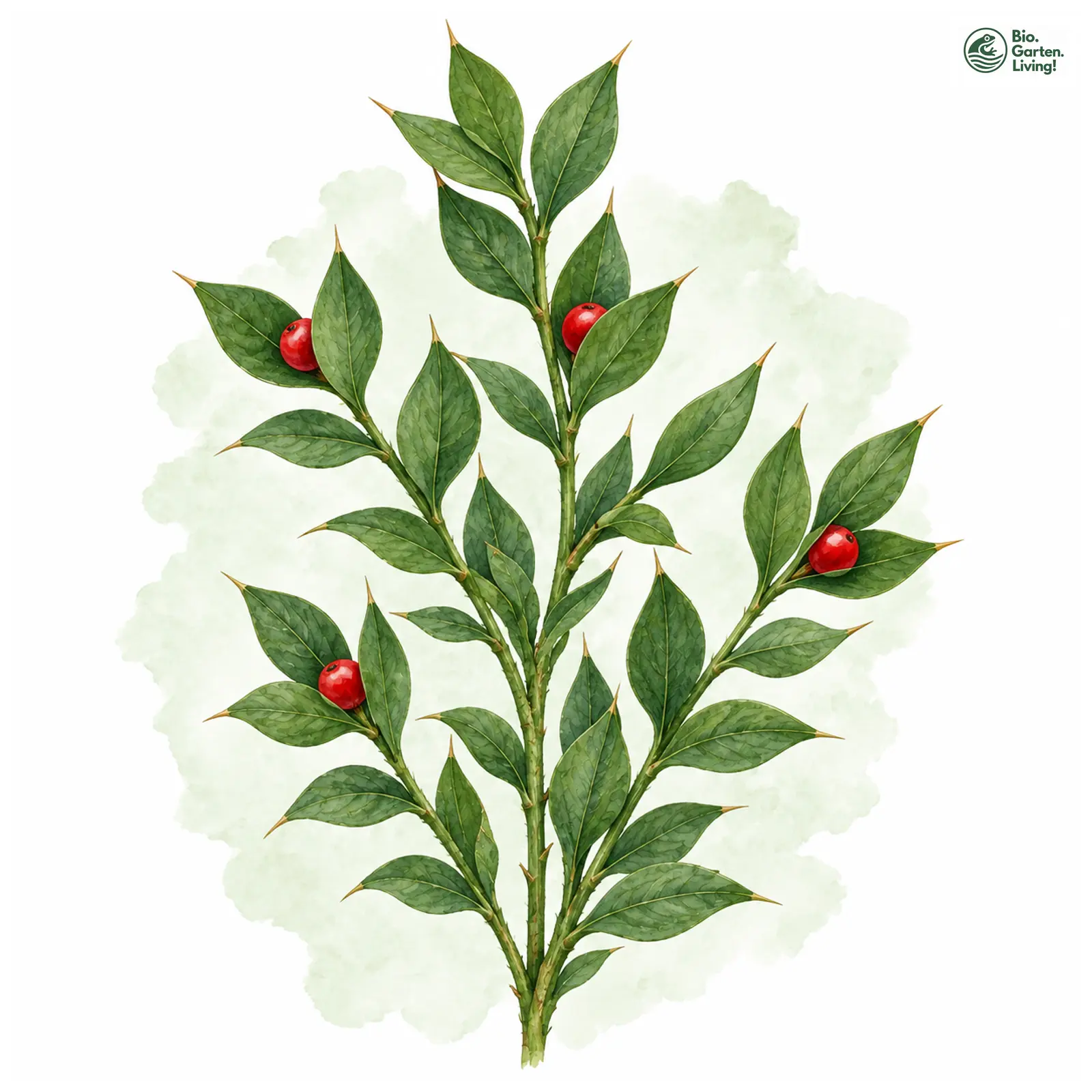 Aquarellzeichnung: Stacheliger Mäusedorn (Ruscus aculeatus)