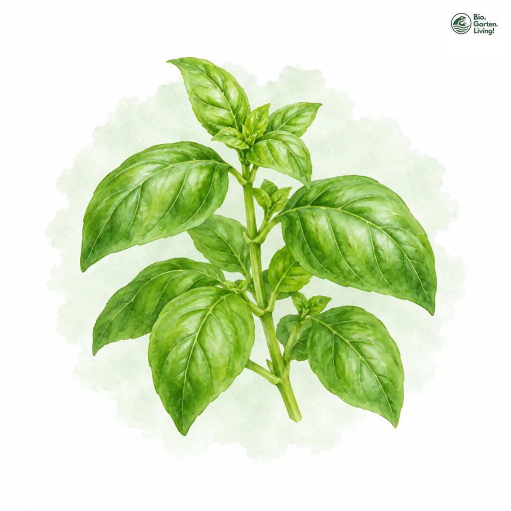 Aquarellillustration von Basilikum (Ocimum basilicum)