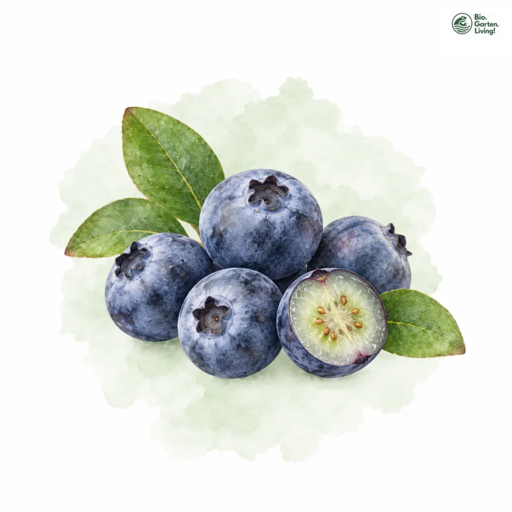 Aquarellillustration von Blaubeeren / Heidelbeeren (Vaccinium corymbosum / Vaccinium myrtillus)