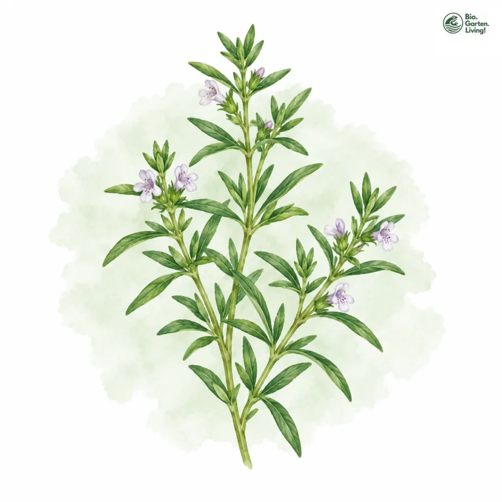 Aquarellillustration von Bohnenkraut (Satureja hortensis)