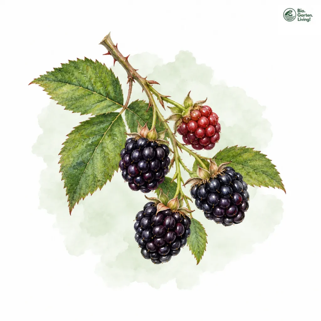 Aquarellillustration von Brombeeren (Rubus fruticosus agg.)
