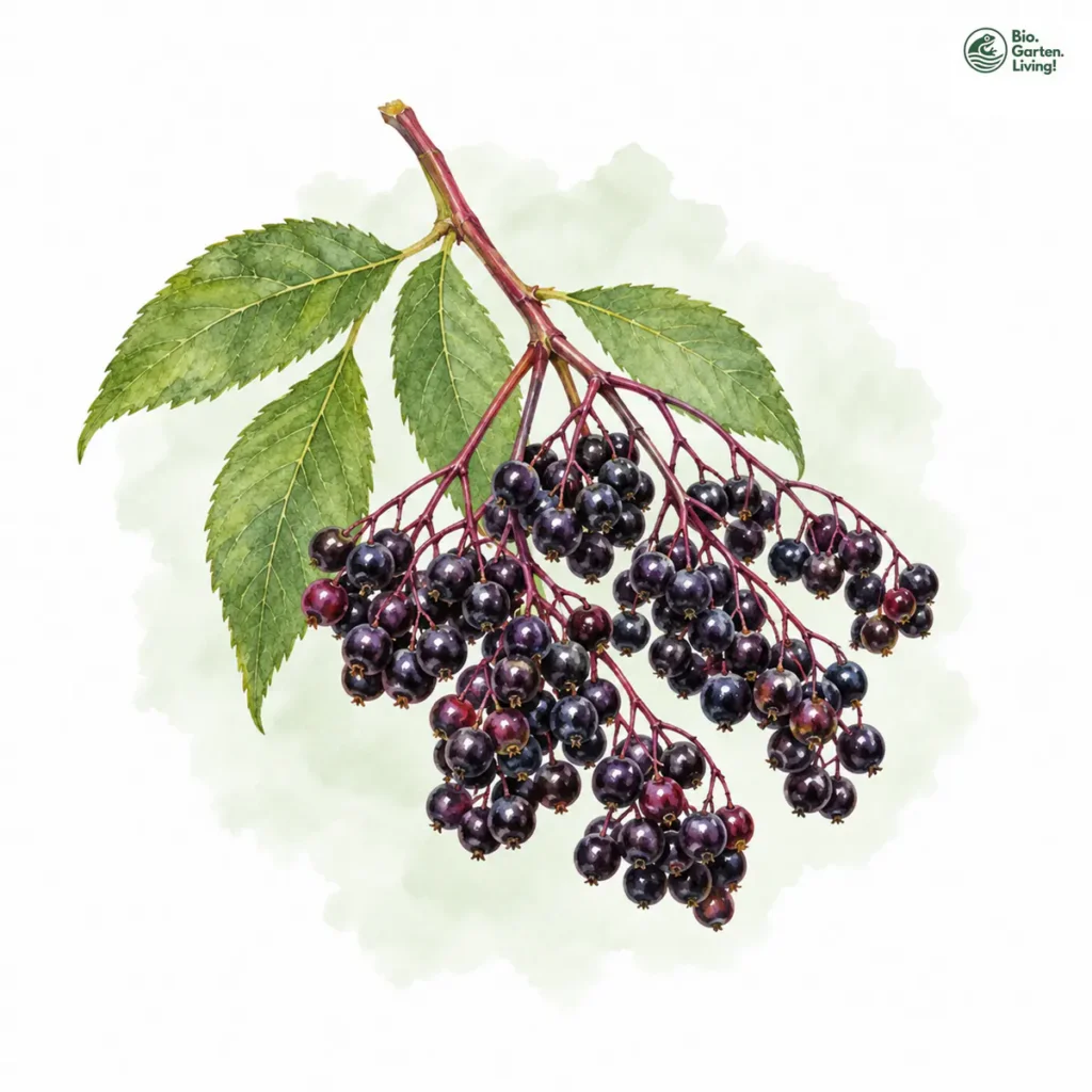 Aquarellillustration von Holunderbeeren / Flieder (Sambucus nigra)