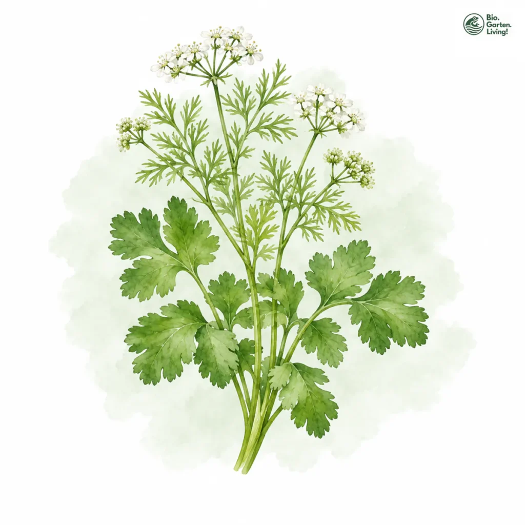 Aquarellillustration von Koriander (Coriandrum sativum)