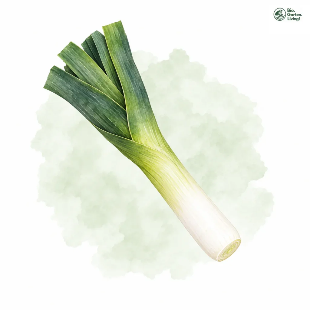 Aquarellillustration von Lauch / Porree (Allium ampeloprasum var. porrum)