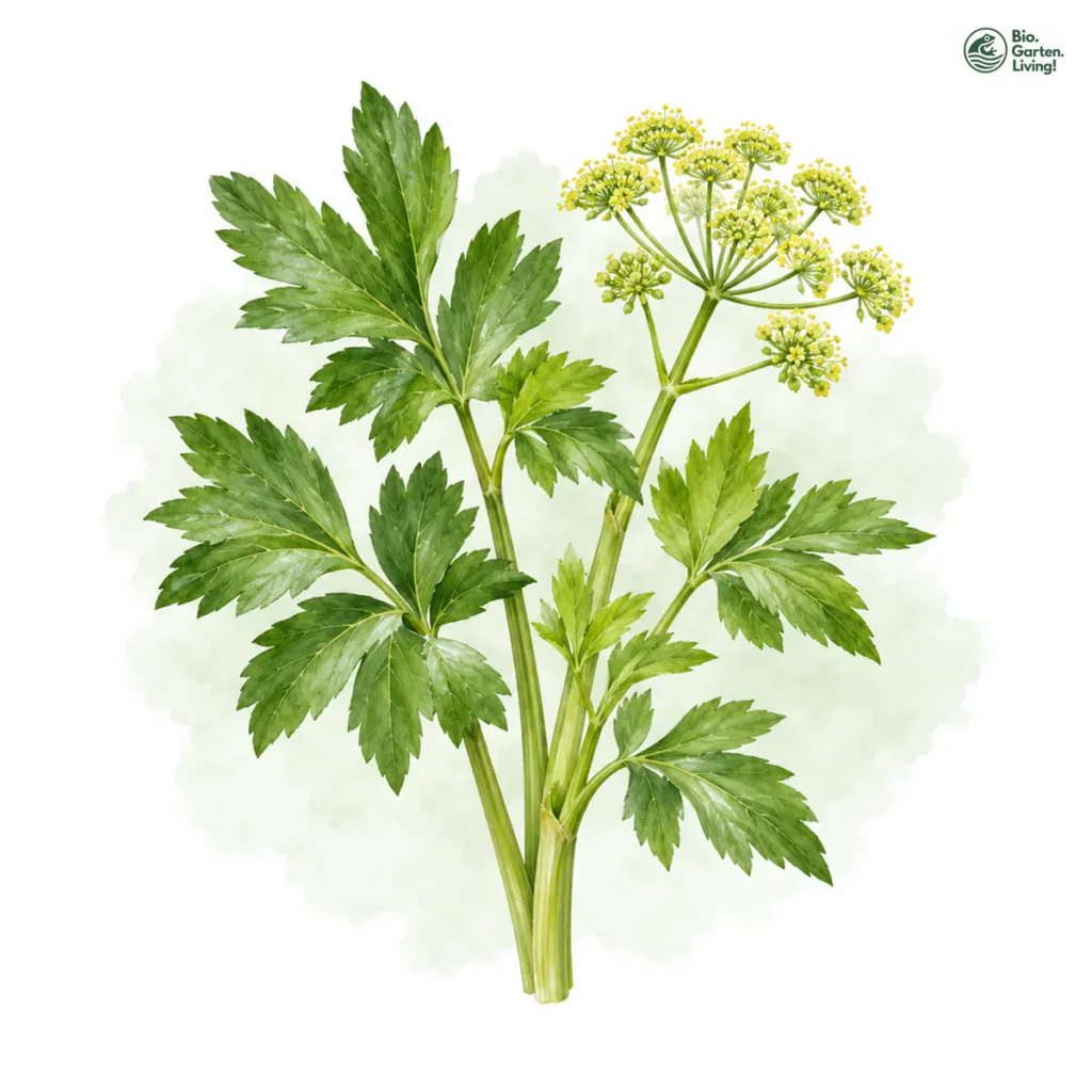 Aquarellillustration von Liebstöckel (Levisticum officinale)