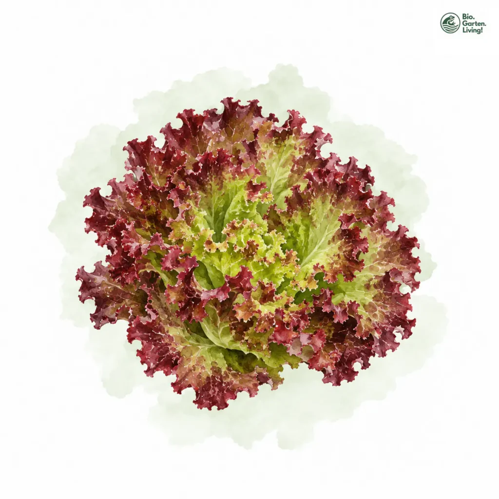 Aquarellillustration von Lollo Rosso (Lactuca sativa)